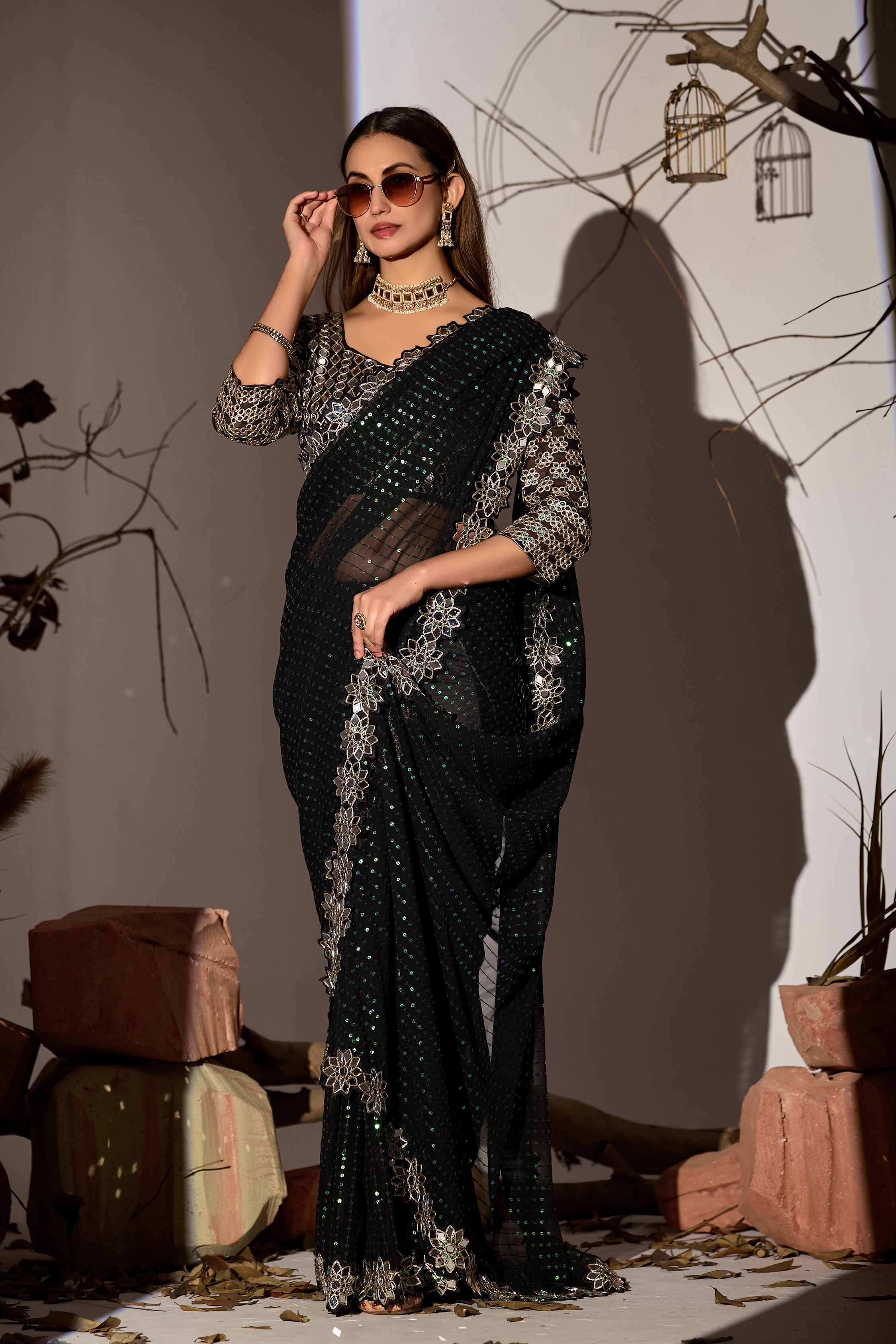 Radiant Tangerine Black Georgette Saree with Mirror-Work Border