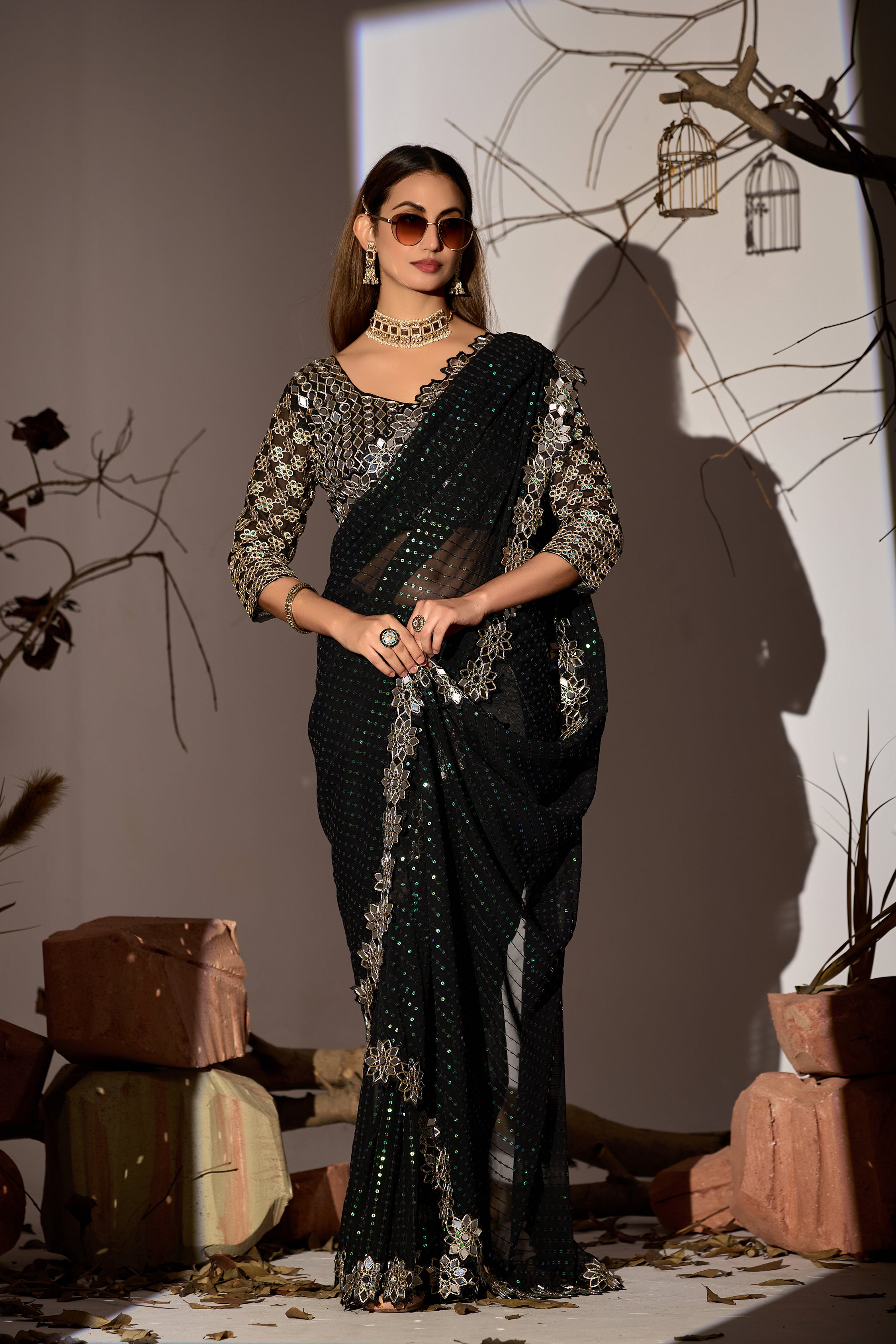 Radiant Tangerine Black Georgette Saree with Mirror-Work Border