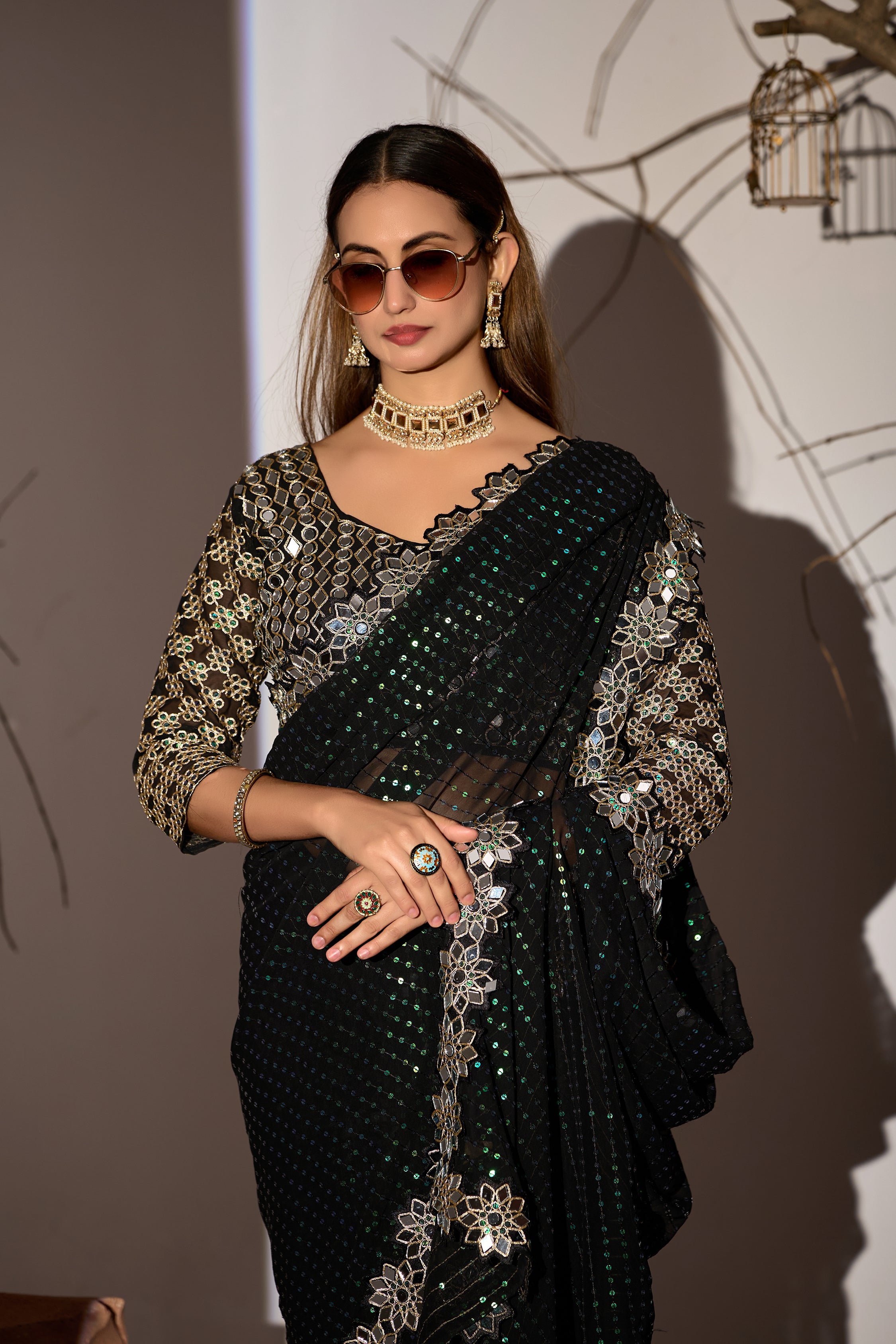 Radiant Tangerine Black Georgette Saree with Mirror-Work Border