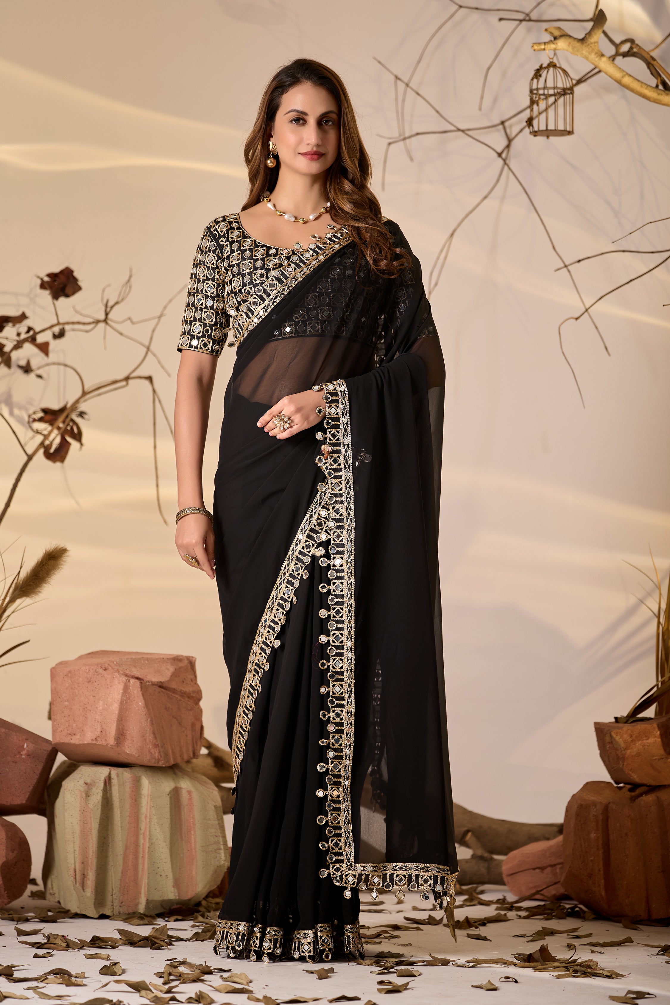 Designer Black Georgette Saree with Mirror Embellished Border