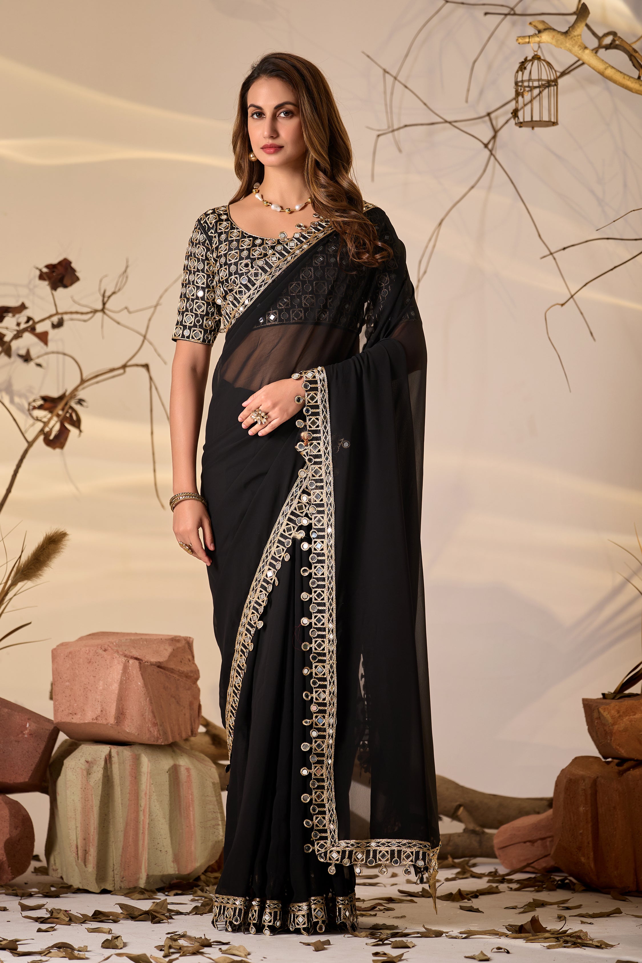 Designer Black Georgette Saree with Mirror Embellished Border