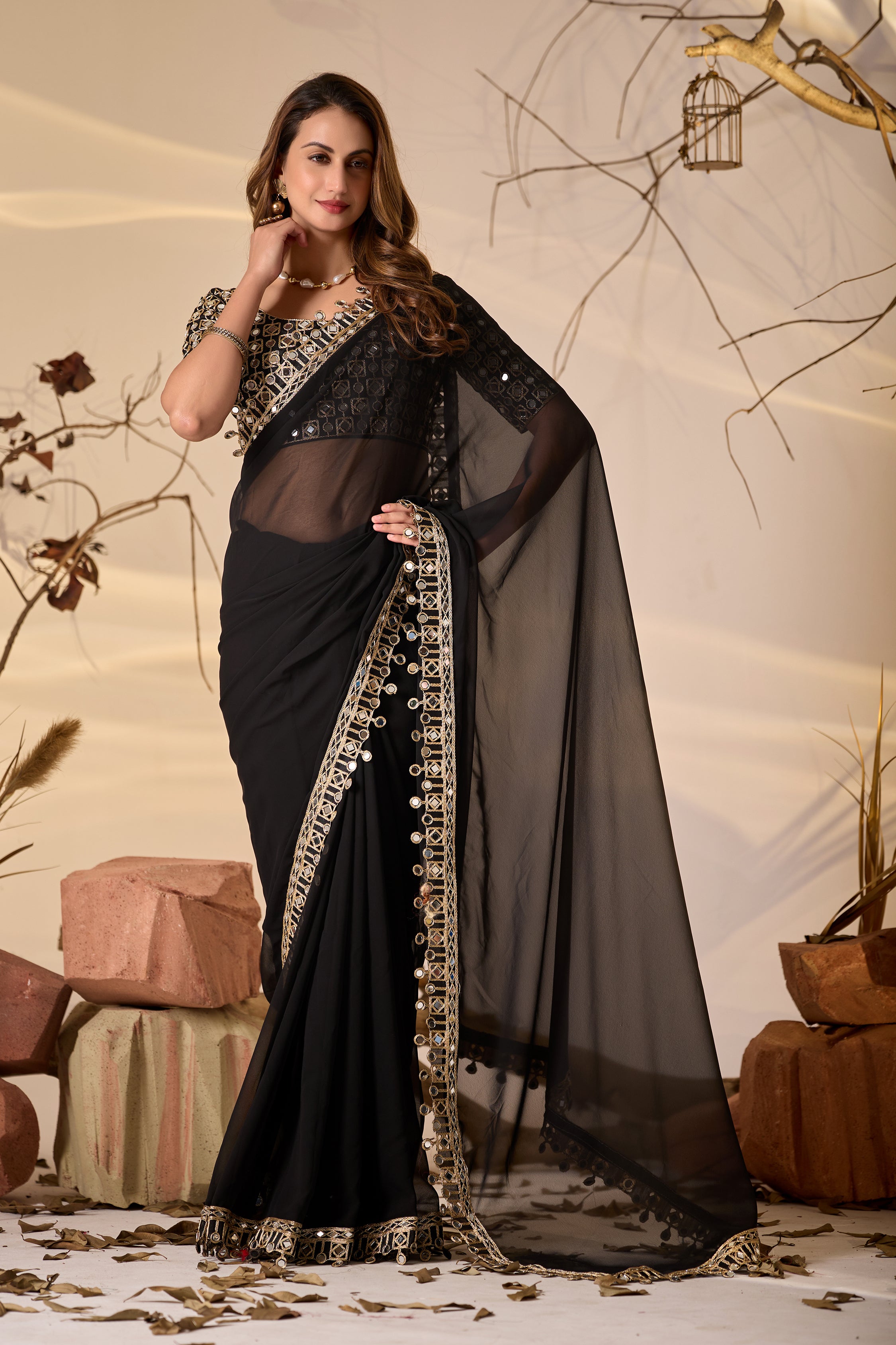 Designer Black Georgette Saree with Mirror Embellished Border