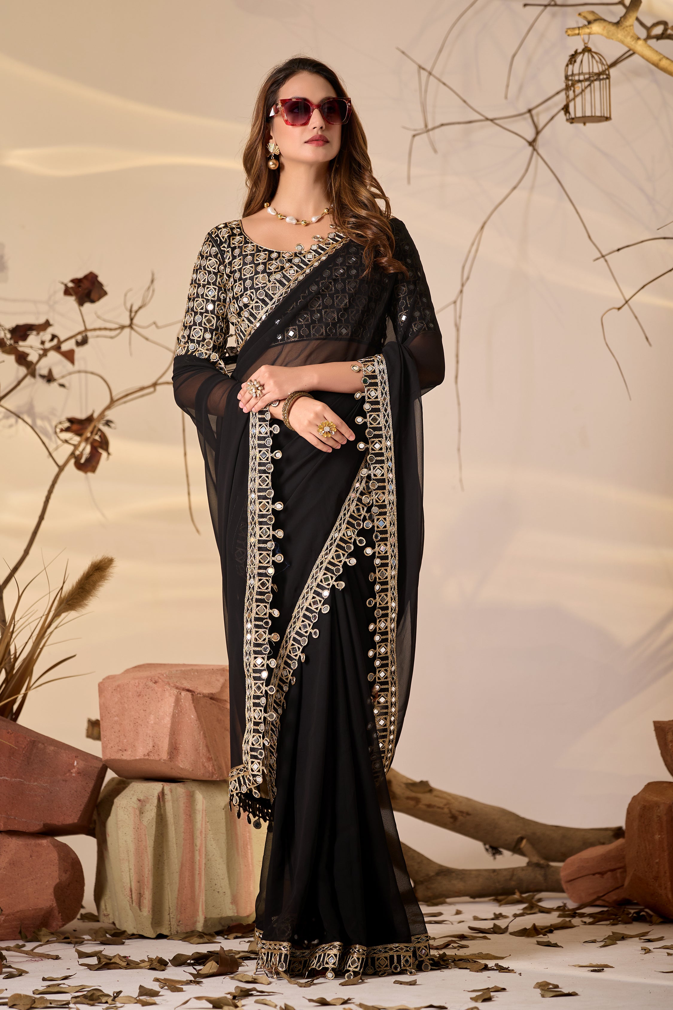 Designer Black Georgette Saree with Mirror Embellished Border