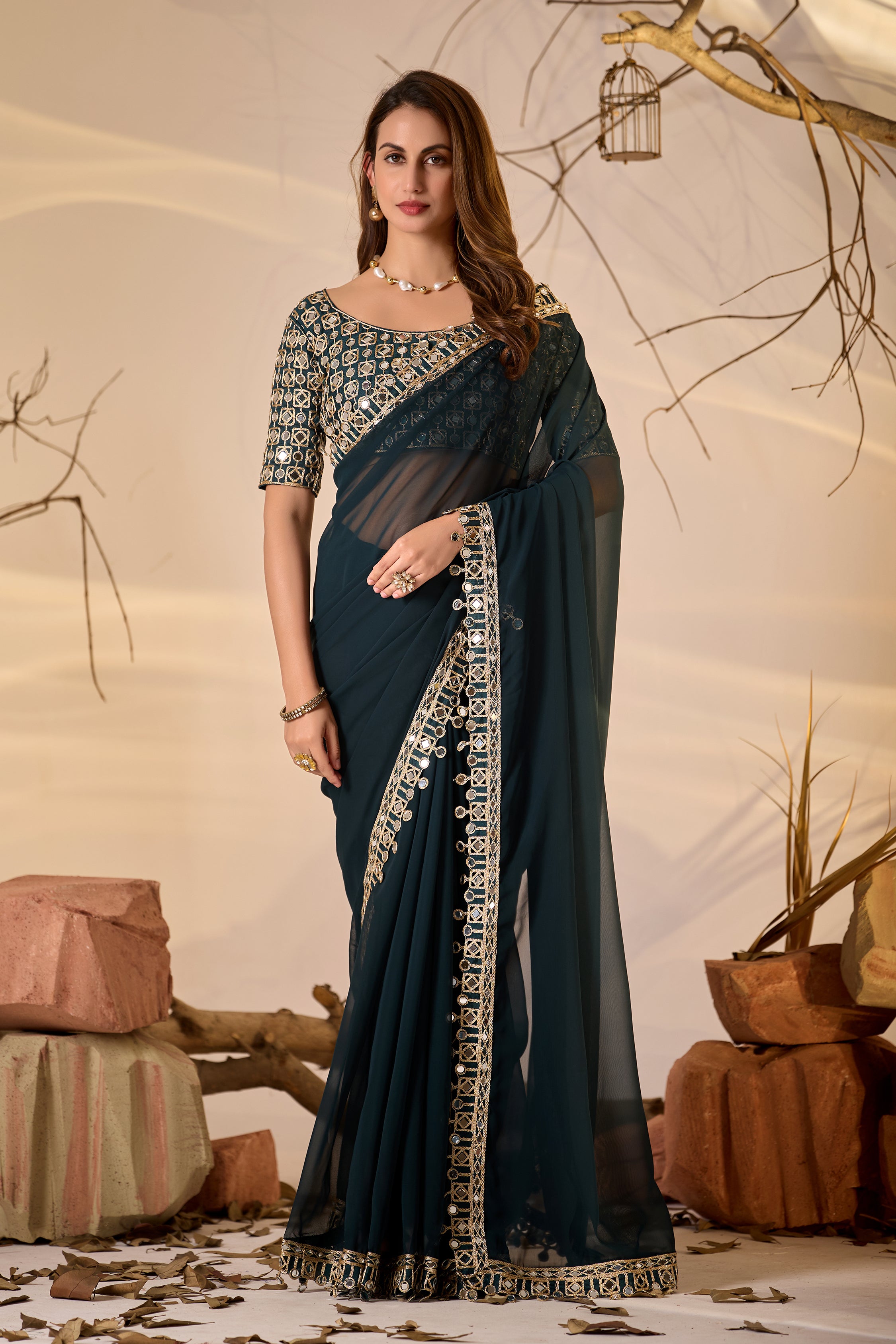 Designer  Georgette Saree with Mirror Embellished Border