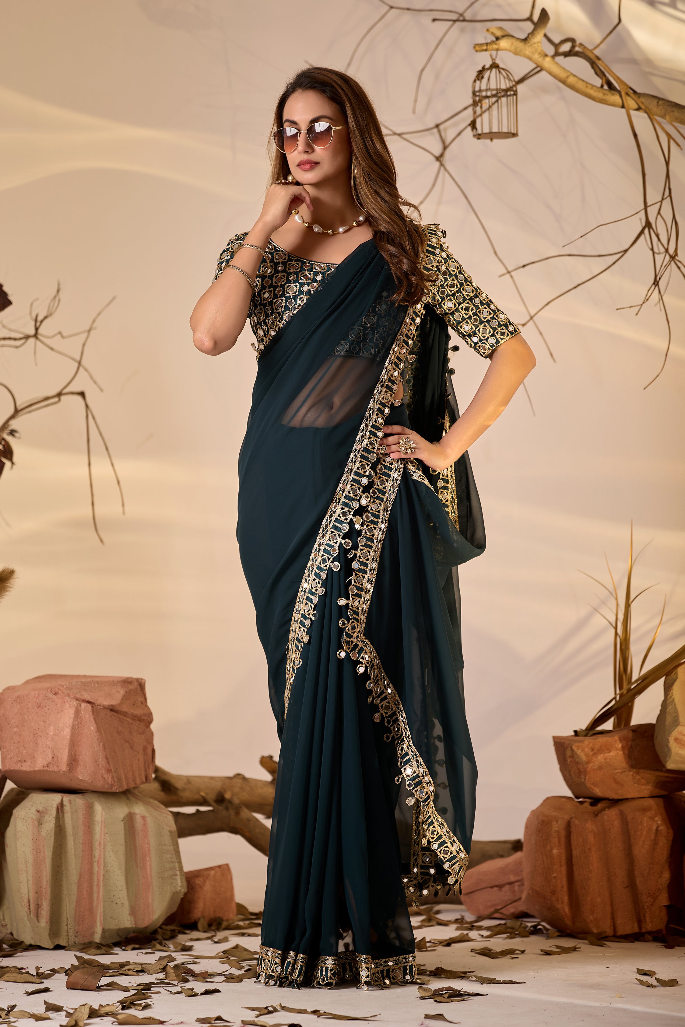 Designer  Georgette Saree with Mirror Embellished Border