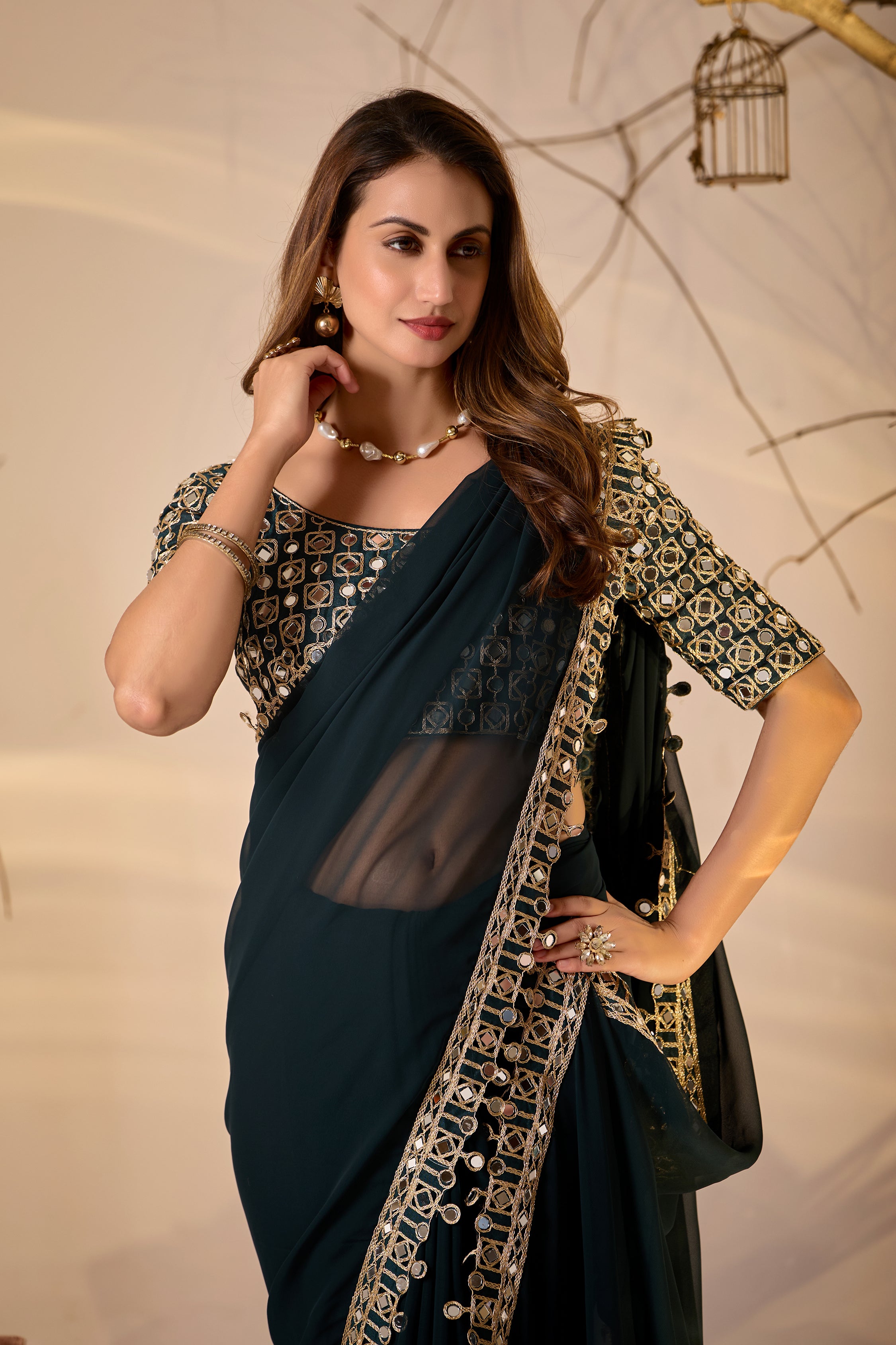Designer  Georgette Saree with Mirror Embellished Border