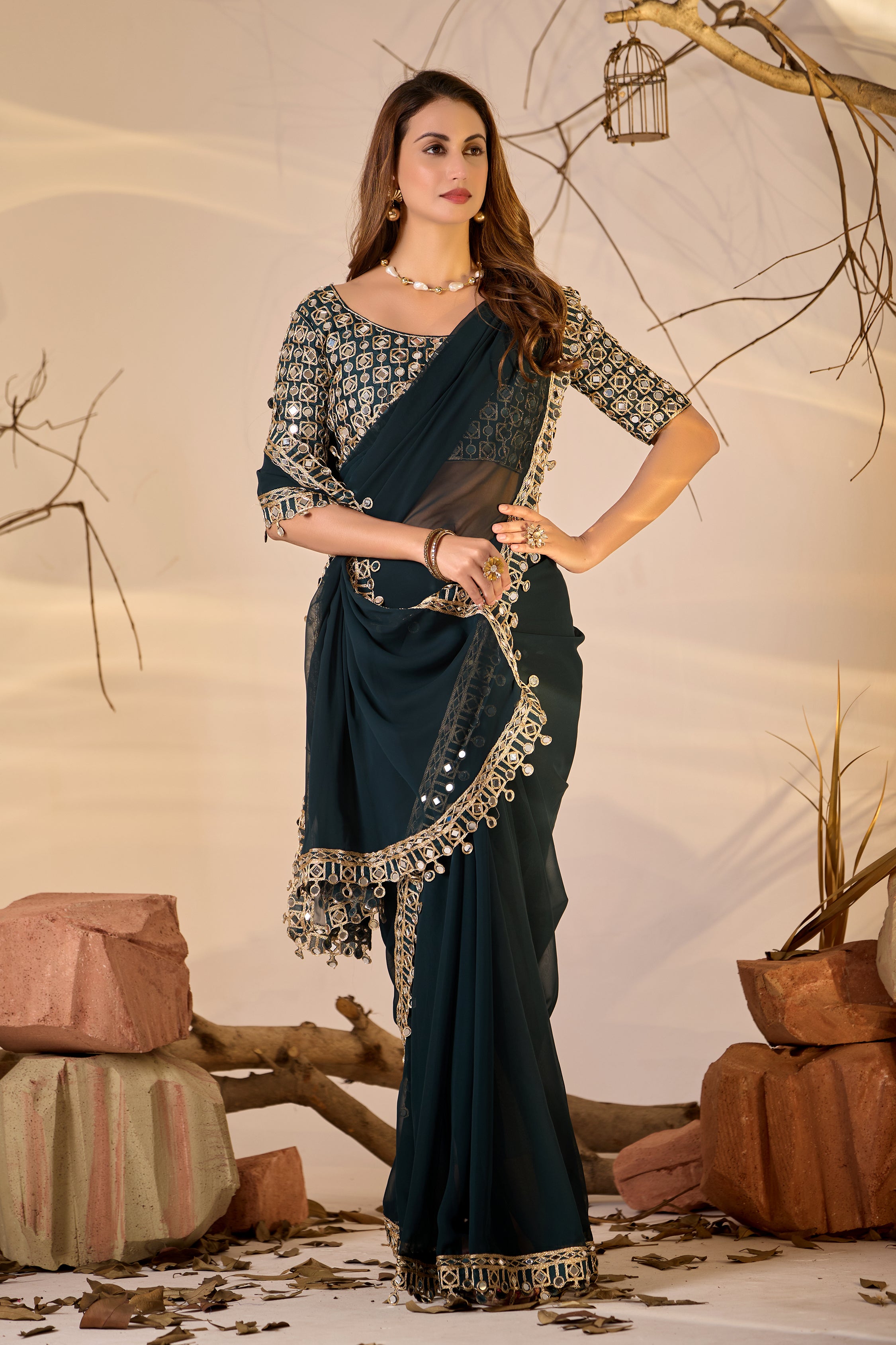 Designer  Georgette Saree with Mirror Embellished Border