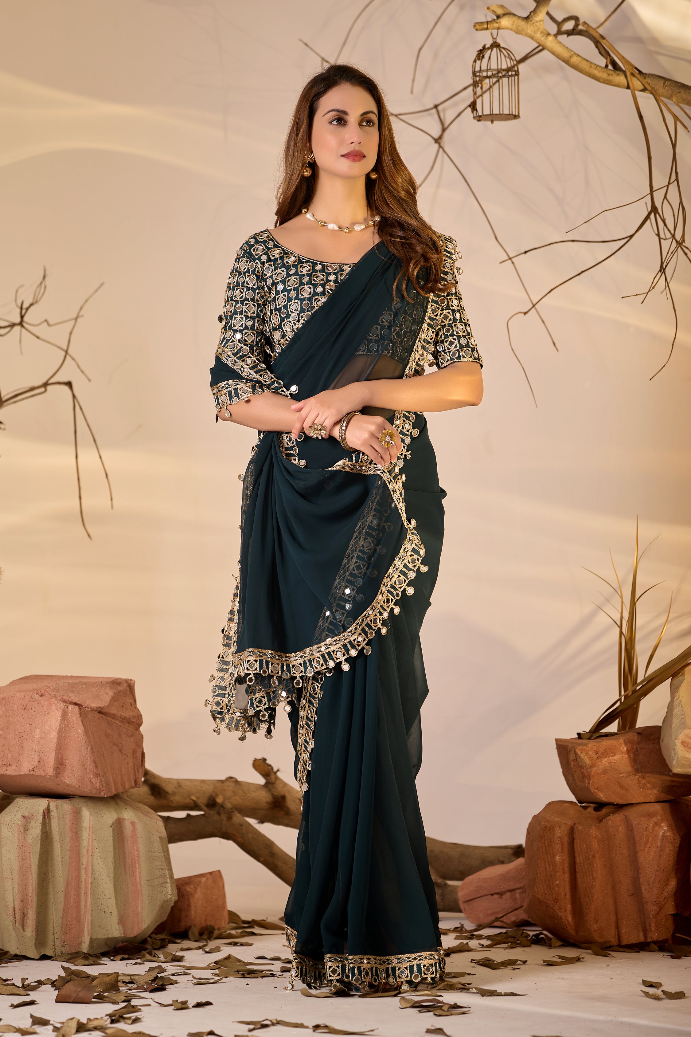 Designer  Georgette Saree with Mirror Embellished Border