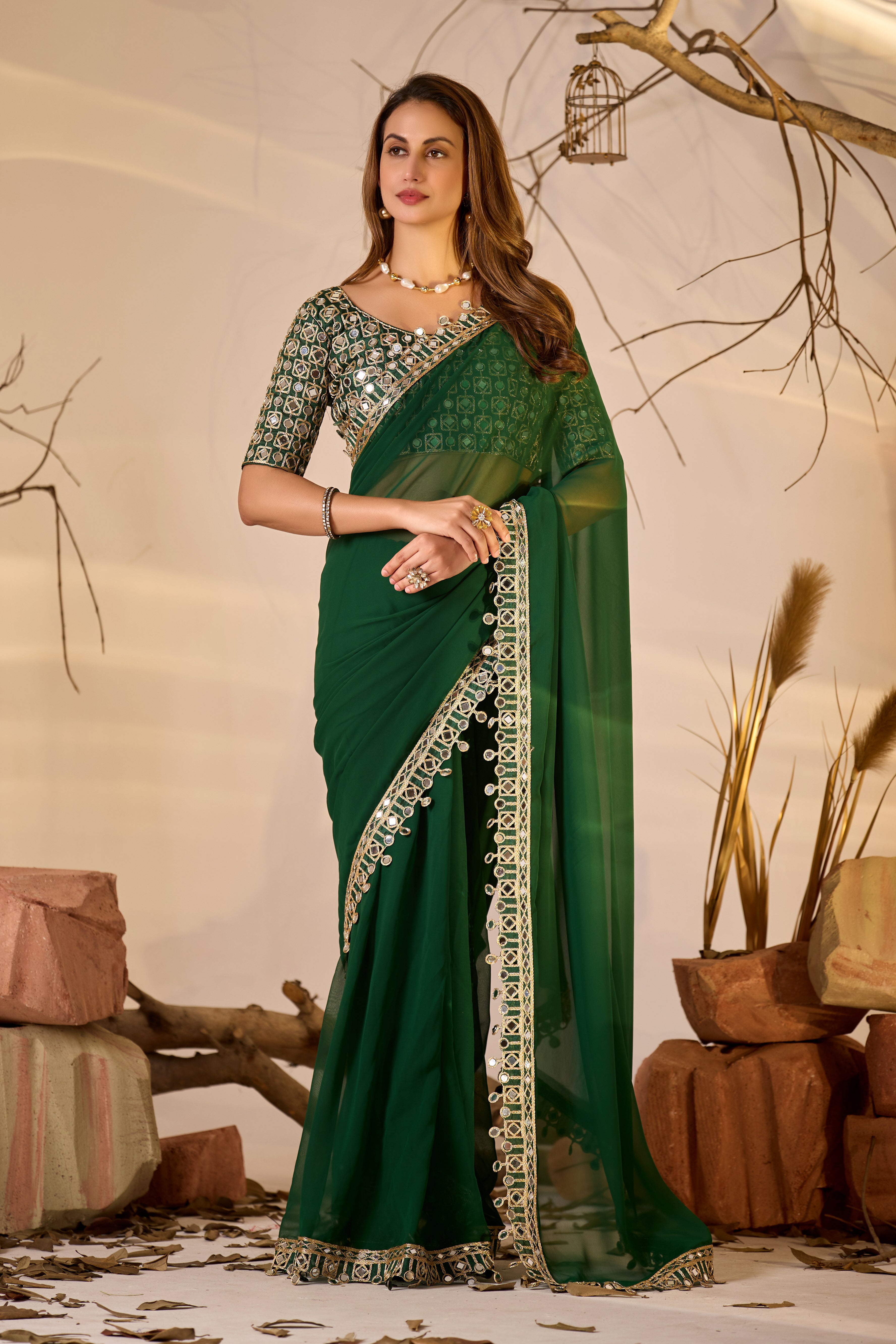 Designer  Georgette Saree with Mirror Embellished Border