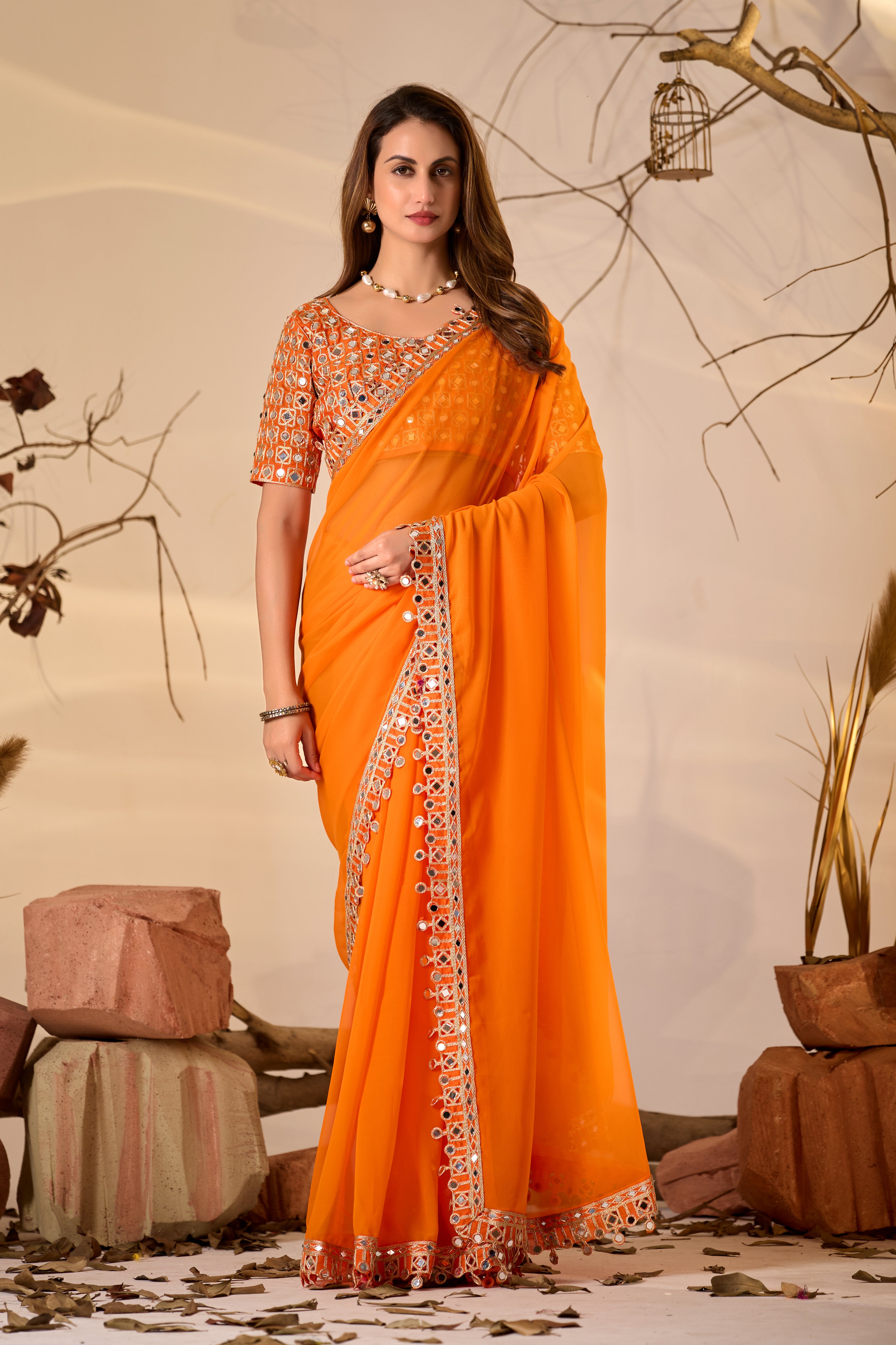 Designer  Georgette Saree with Mirror Embellished Border