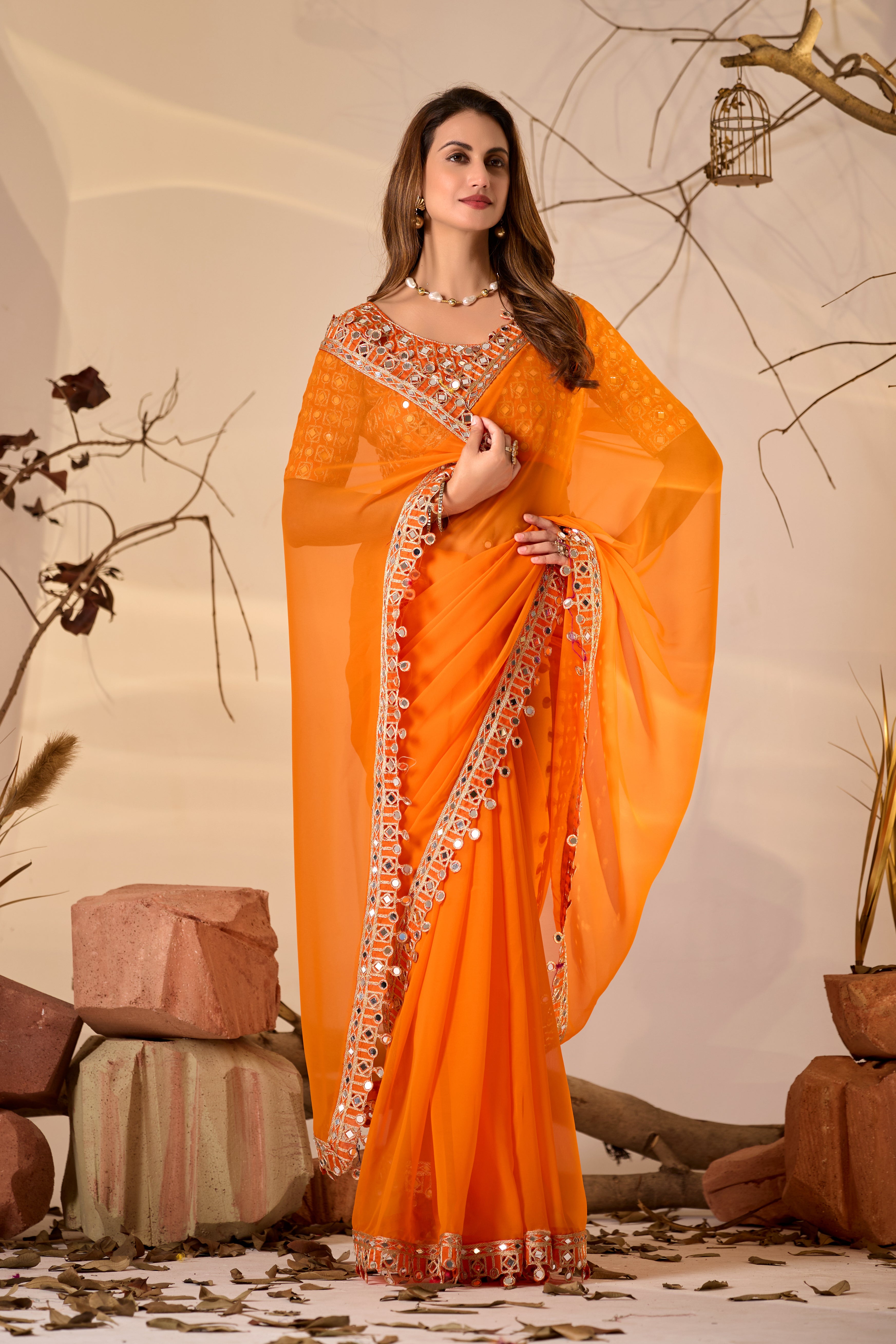 Designer  Georgette Saree with Mirror Embellished Border