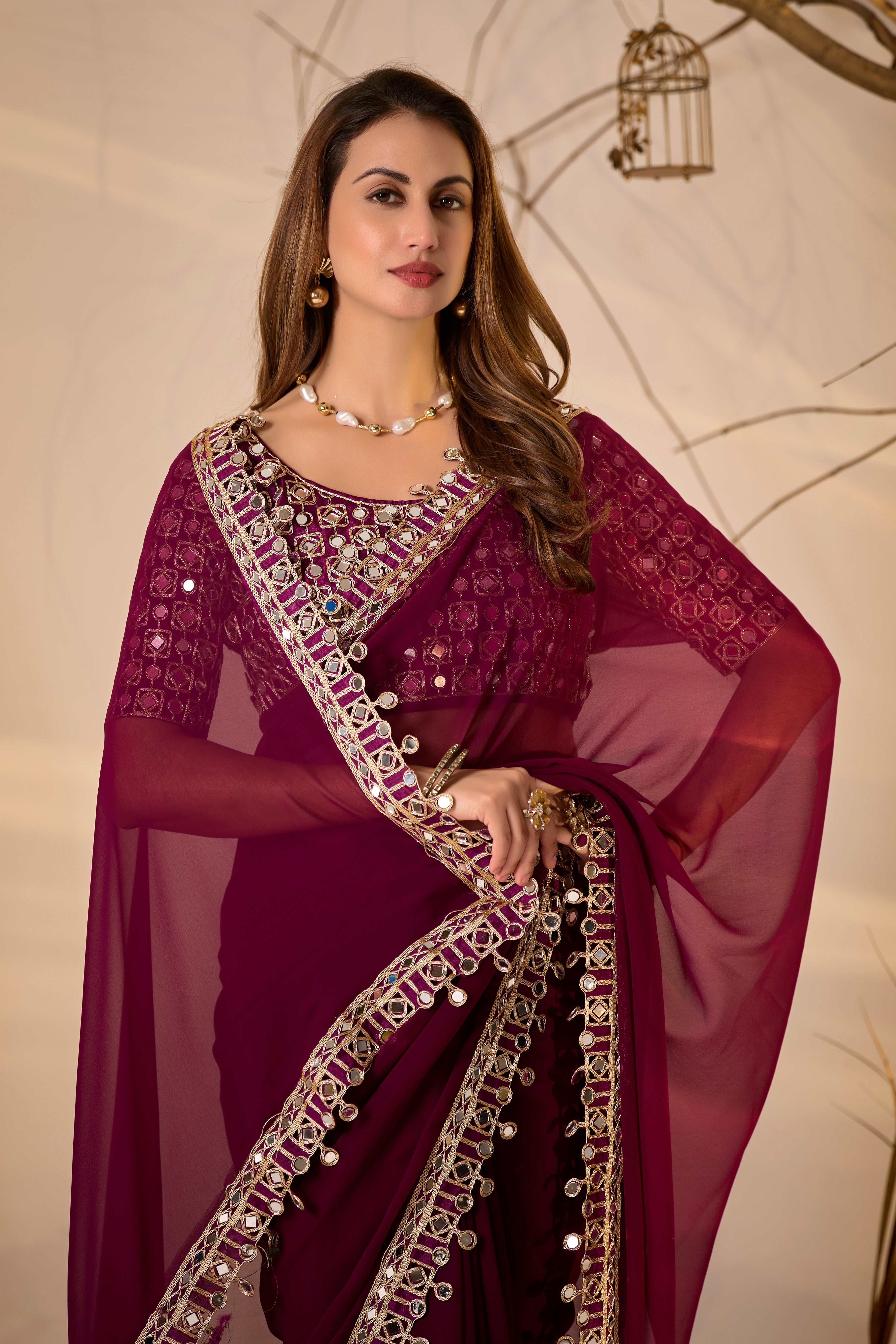 Designer  Georgette Saree with Mirror Embellished Border