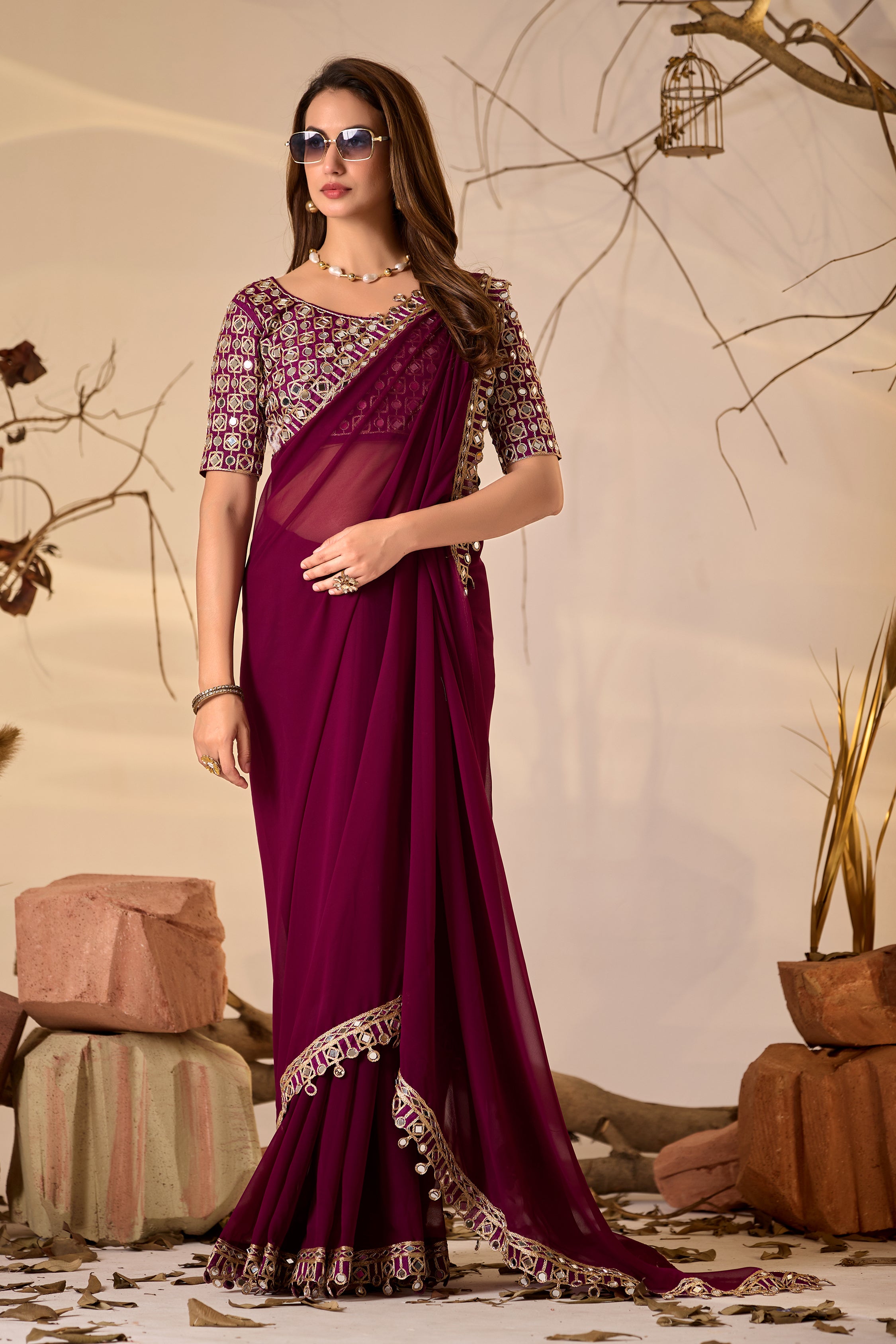 Designer  Georgette Saree with Mirror Embellished Border
