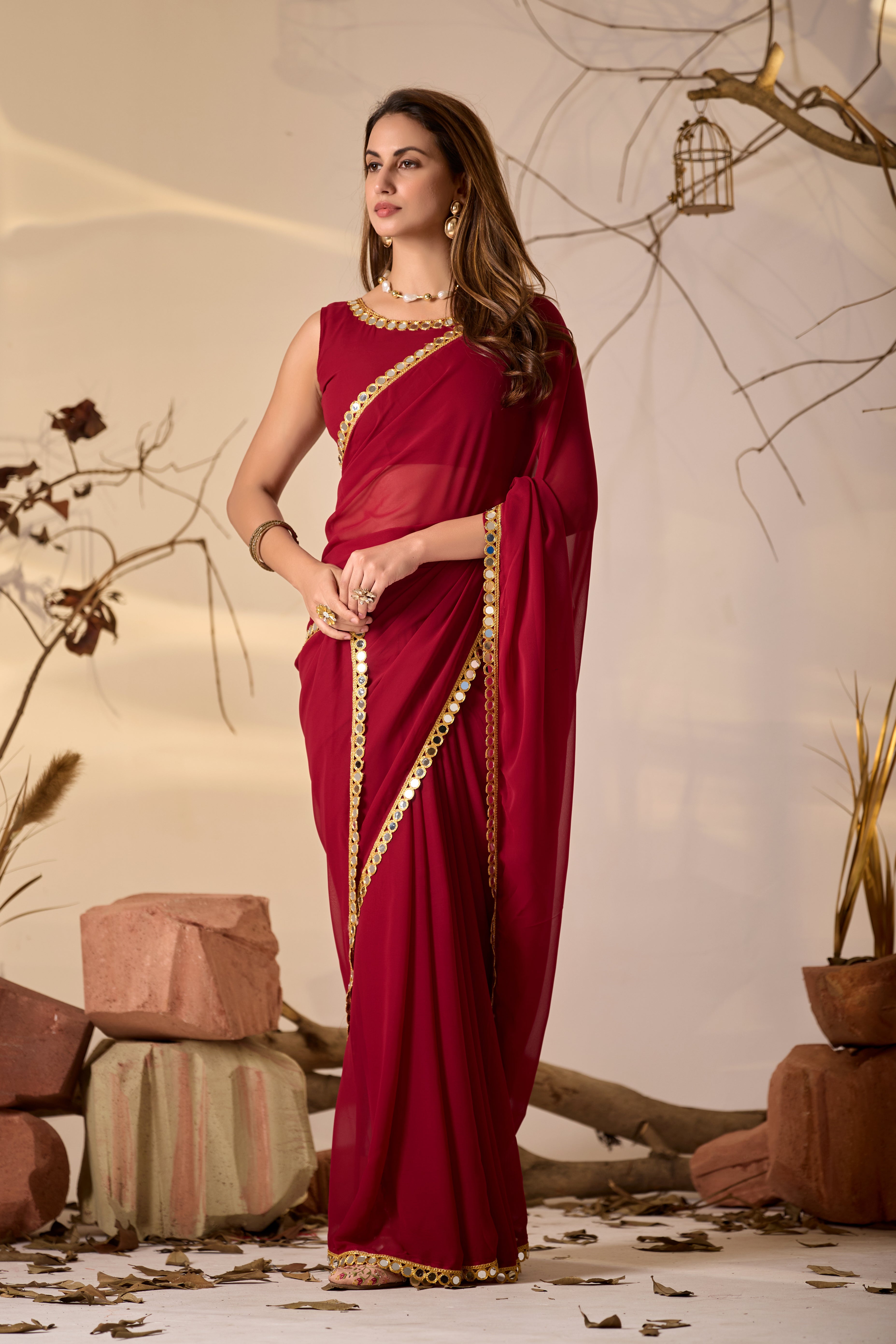 Georgette Saree with Mirror Work Border