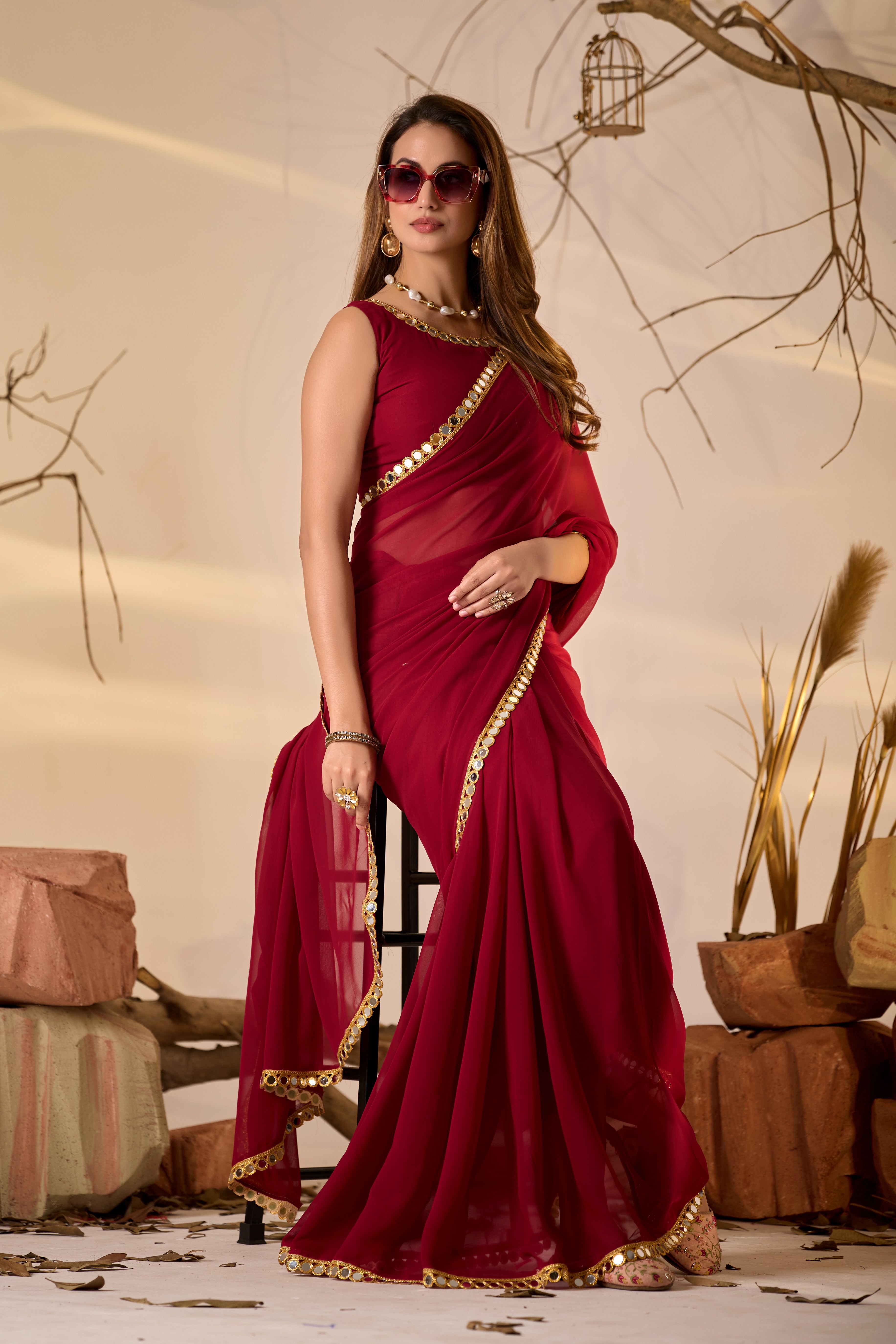 Georgette Saree with Mirror Work Border