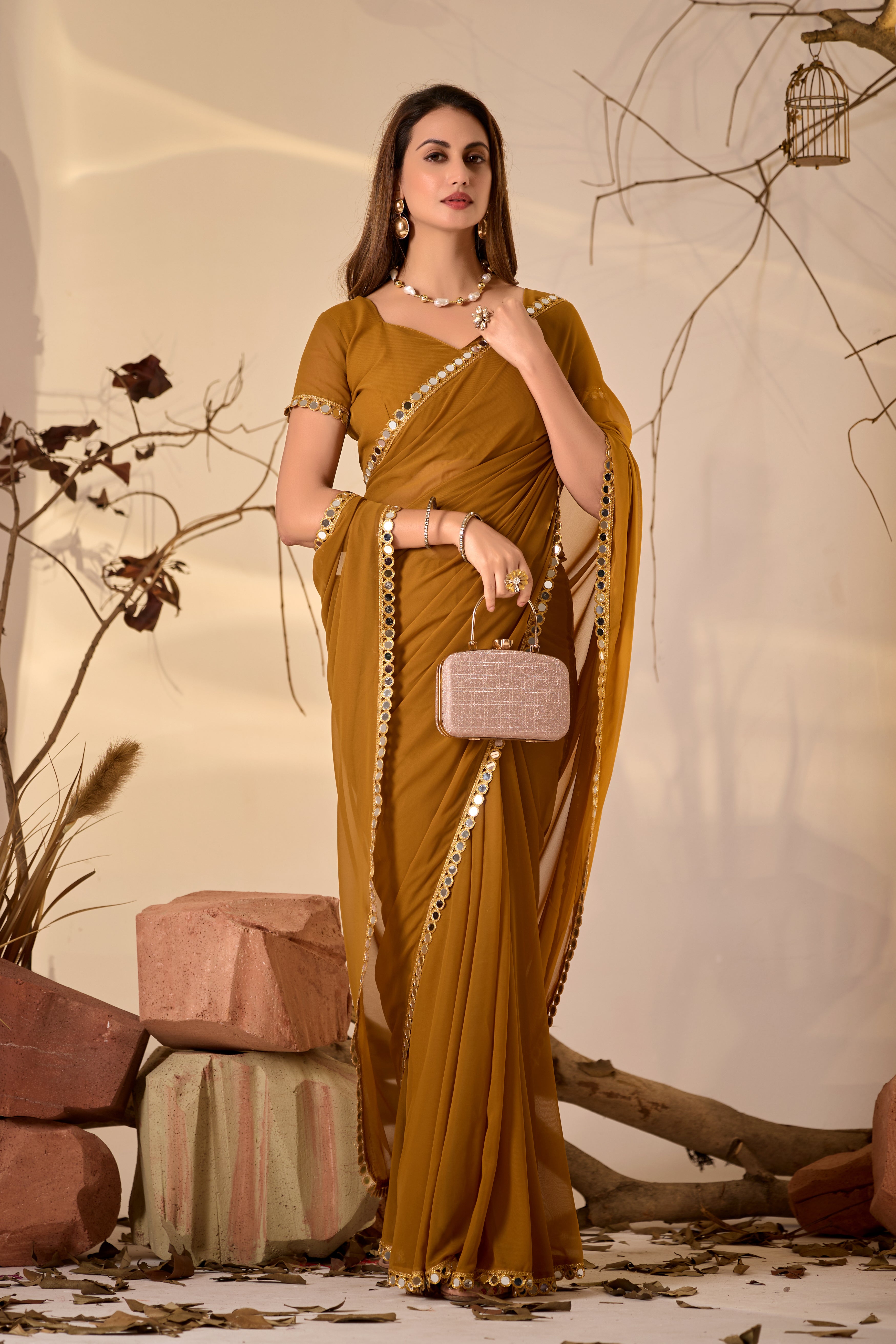 Georgette Saree with Mirror Work Border