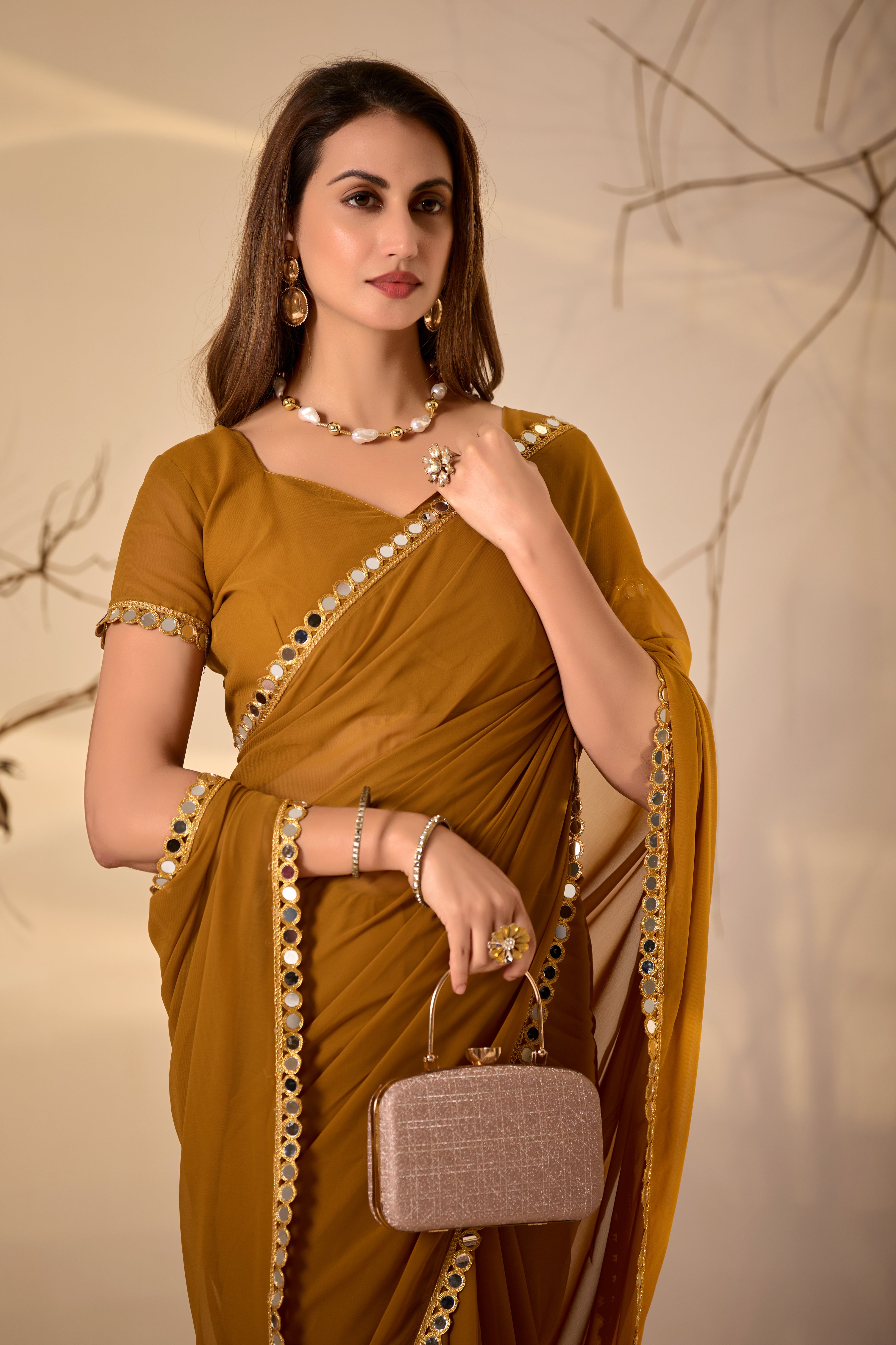 Georgette Saree with Mirror Work Border