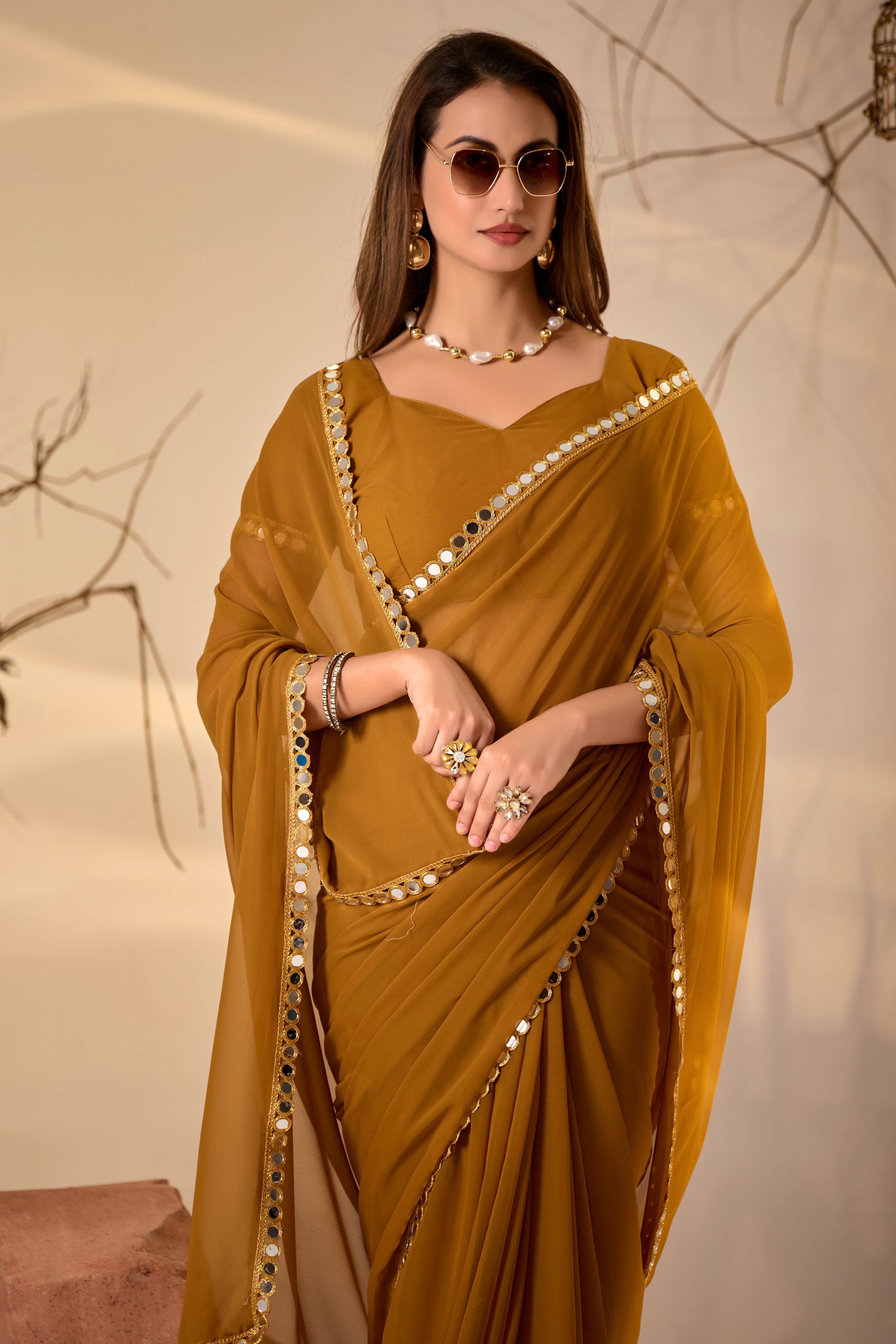 Georgette Saree with Mirror Work Border
