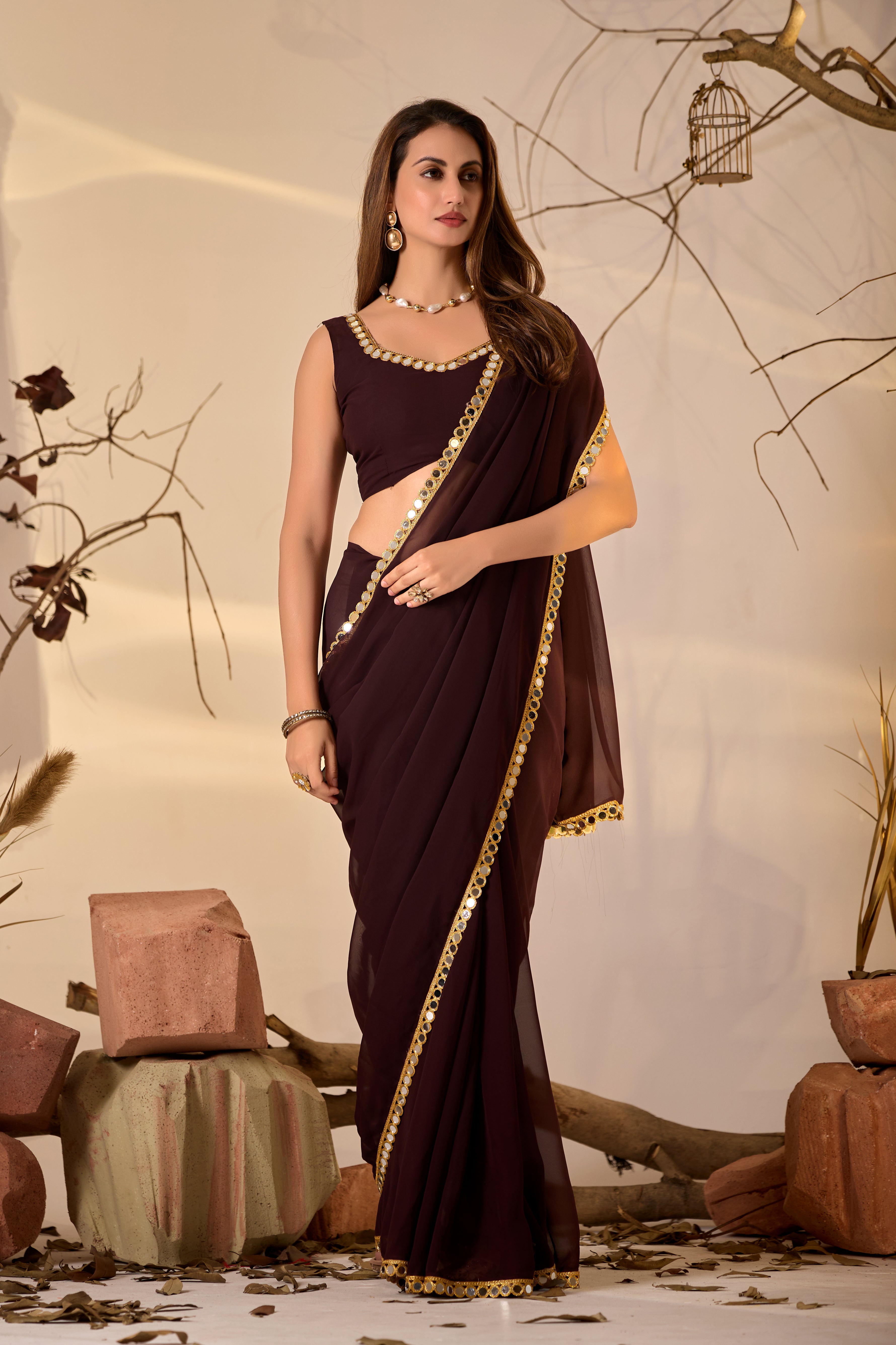Georgette Saree with Mirror Work Border