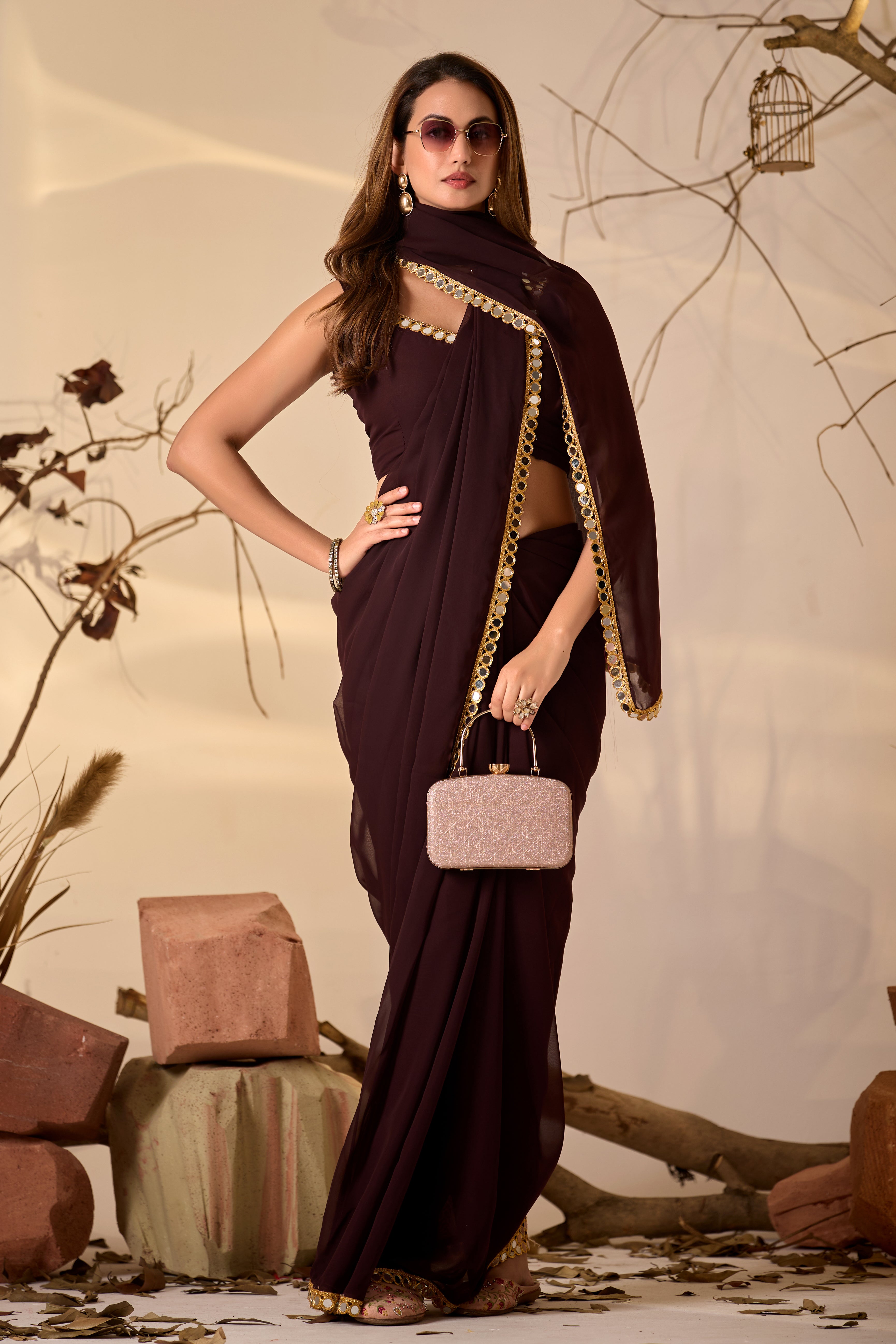 Georgette Saree with Mirror Work Border