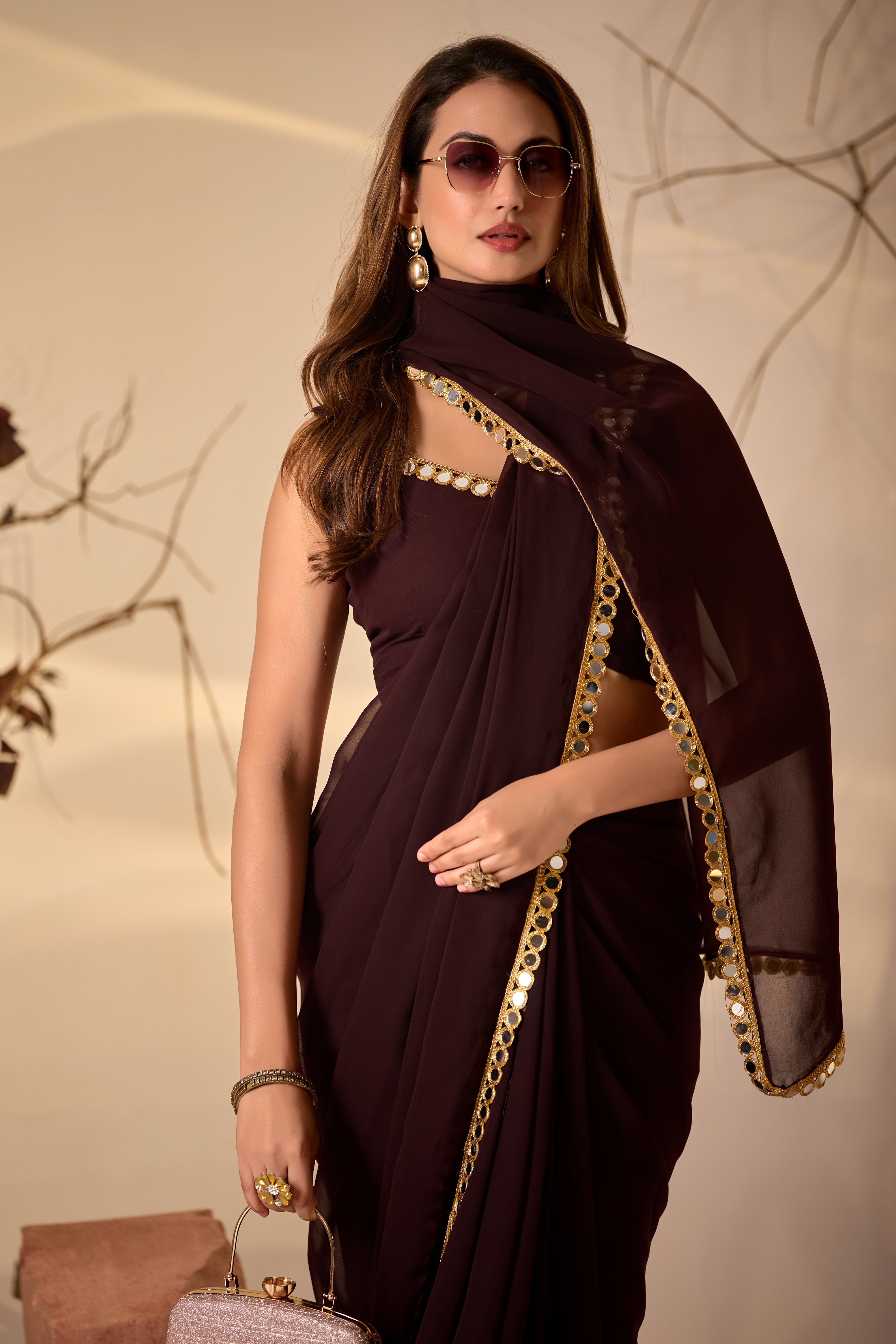Georgette Saree with Mirror Work Border
