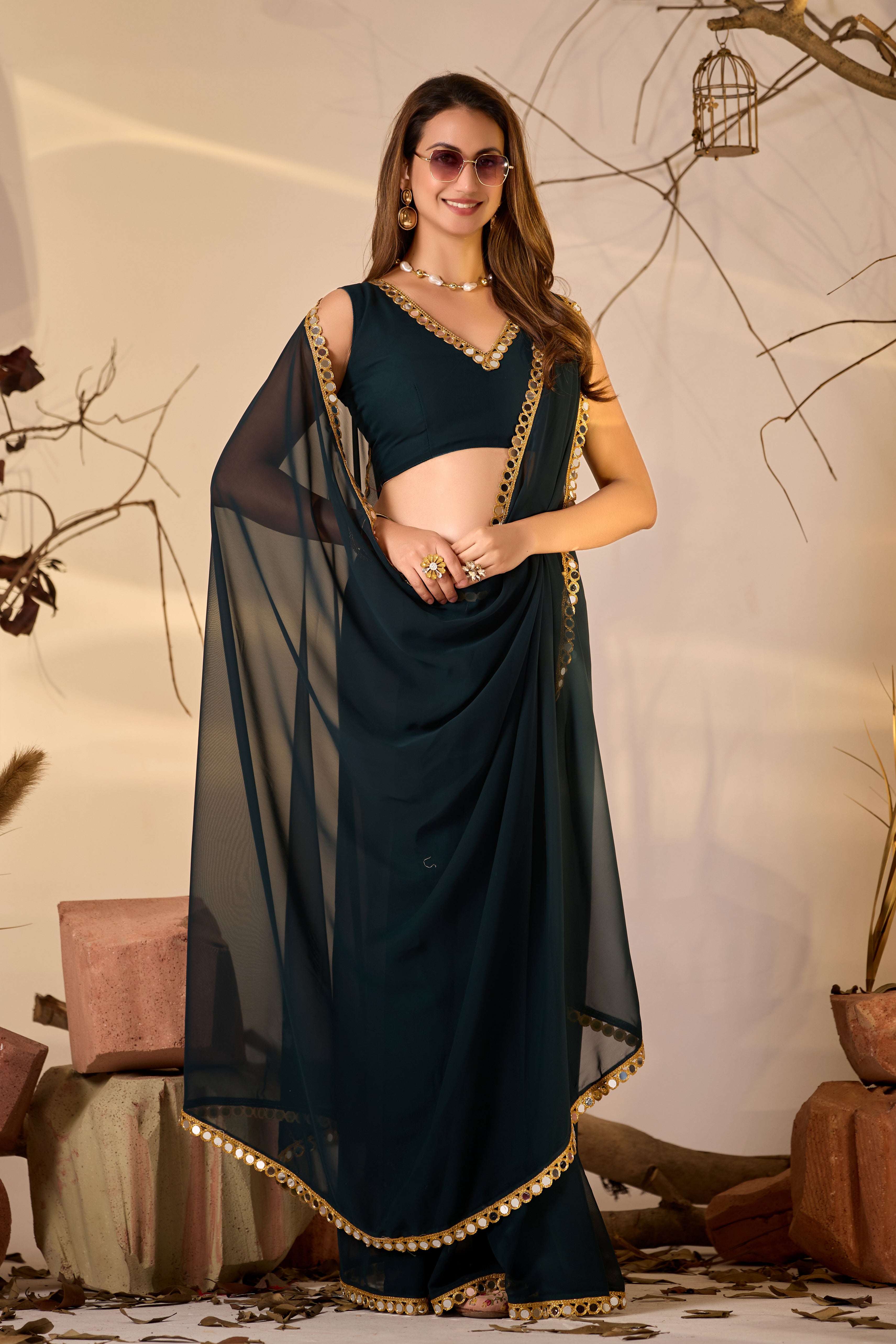 Georgette Saree with Mirror Work Border