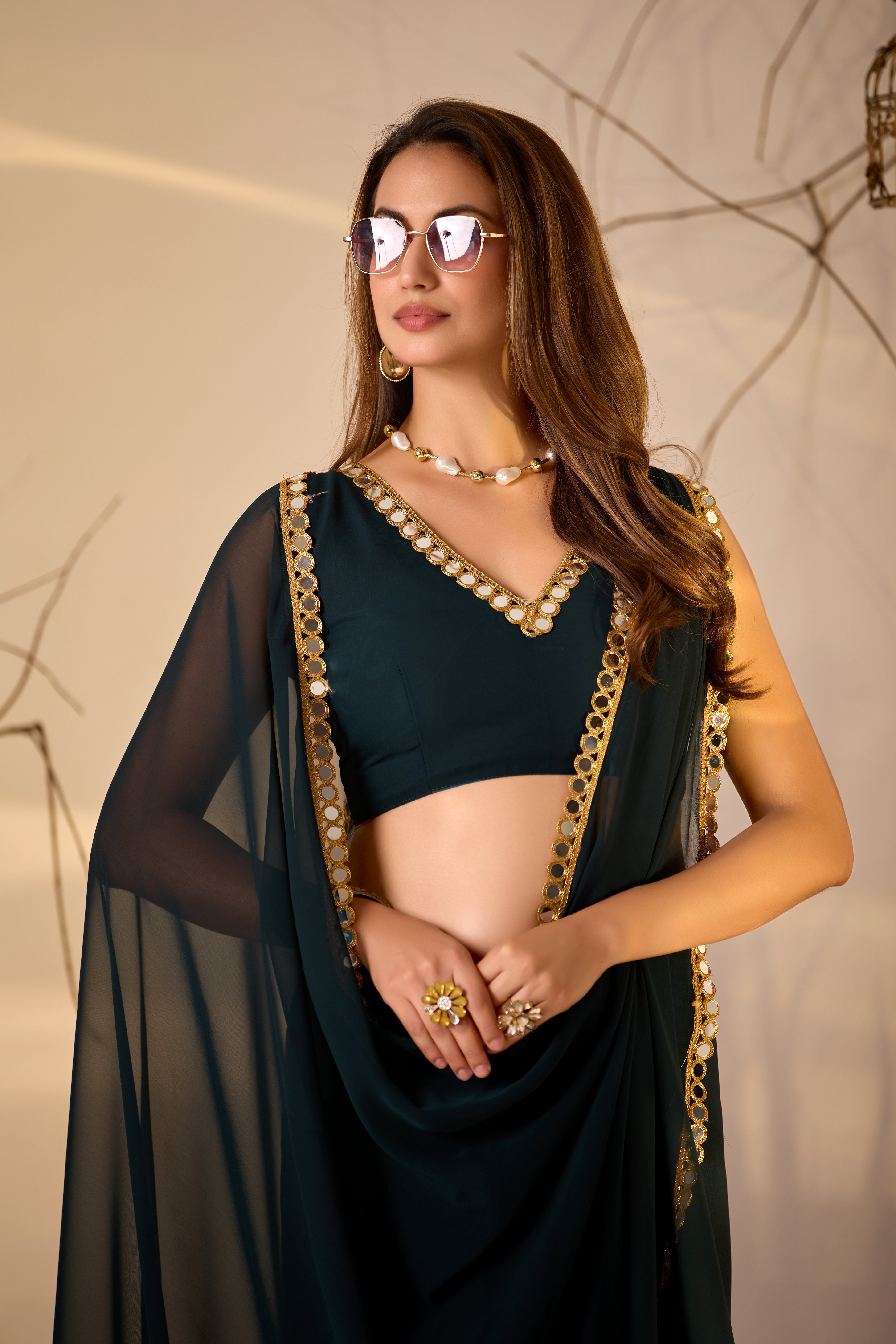Georgette Saree with Mirror Work Border