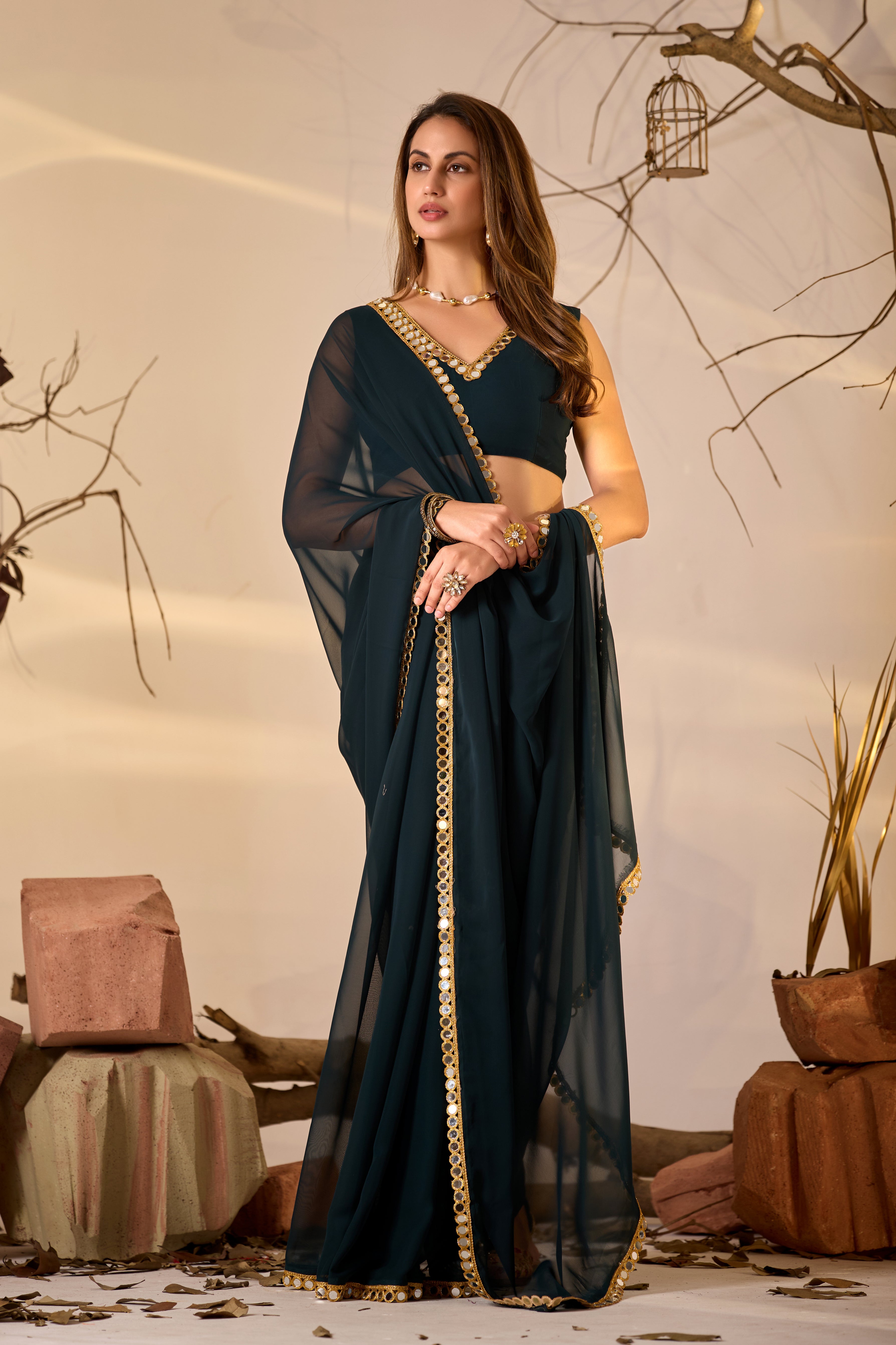 Georgette Saree with Mirror Work Border