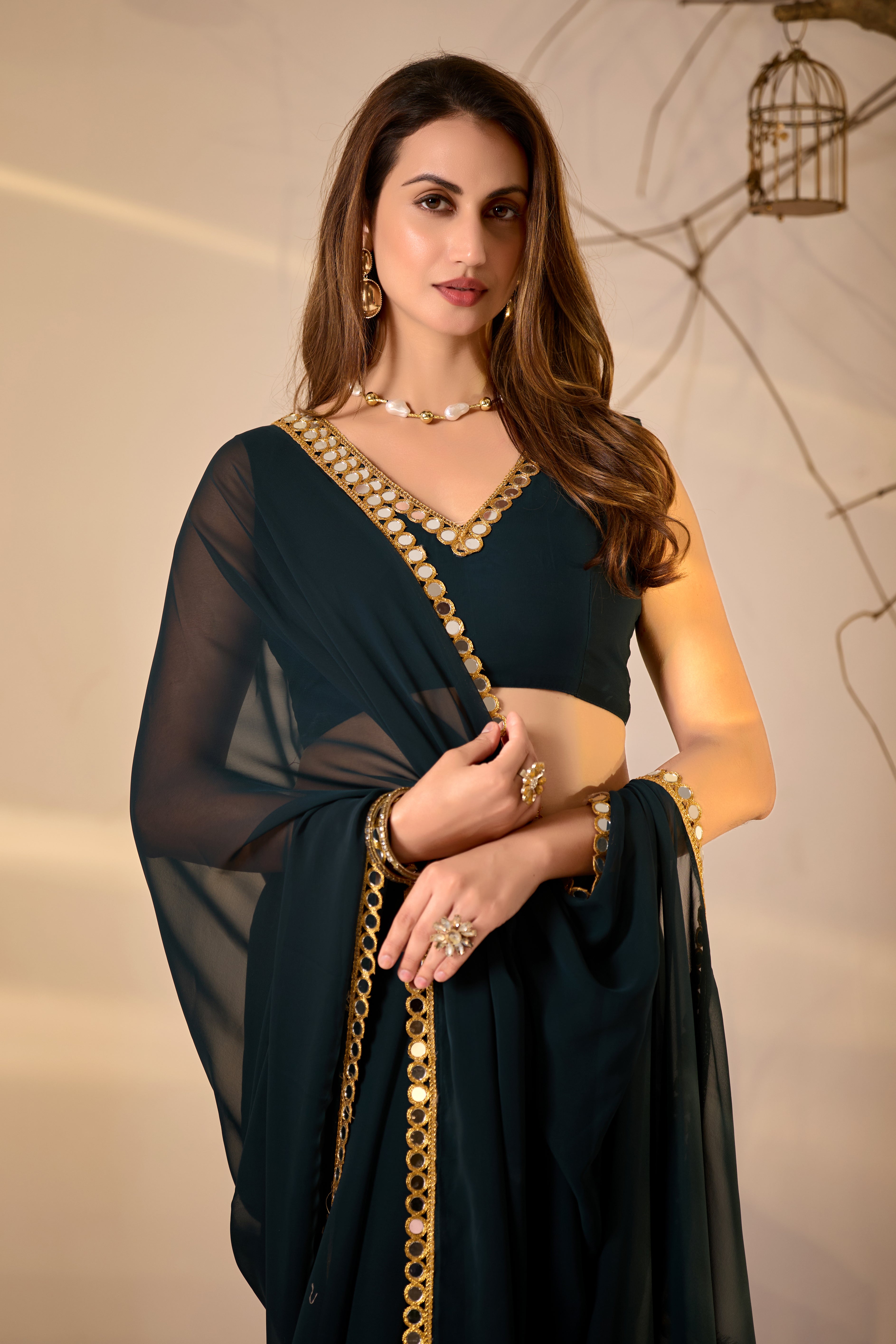 Georgette Saree with Mirror Work Border