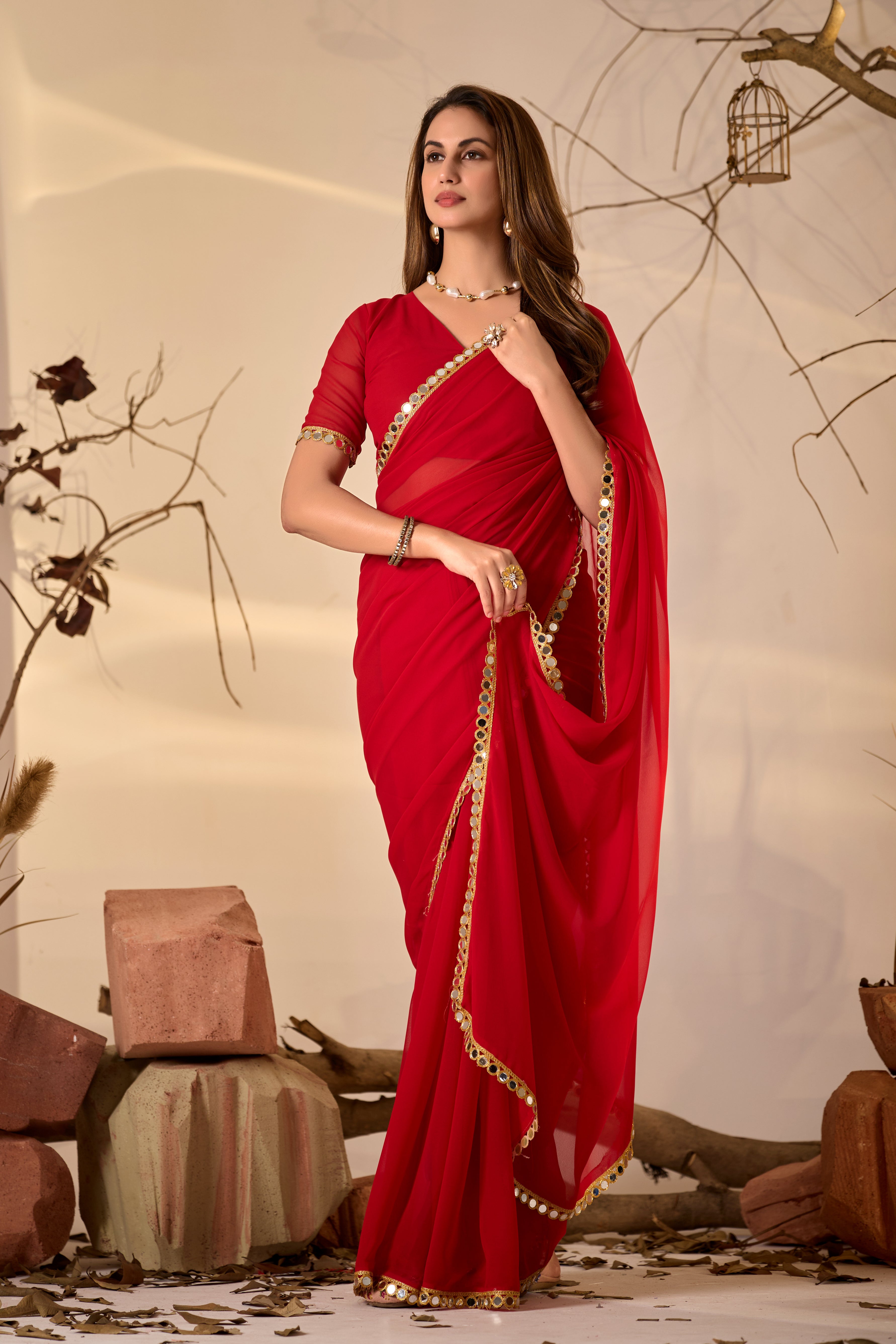Georgette Saree with Mirror Work Border