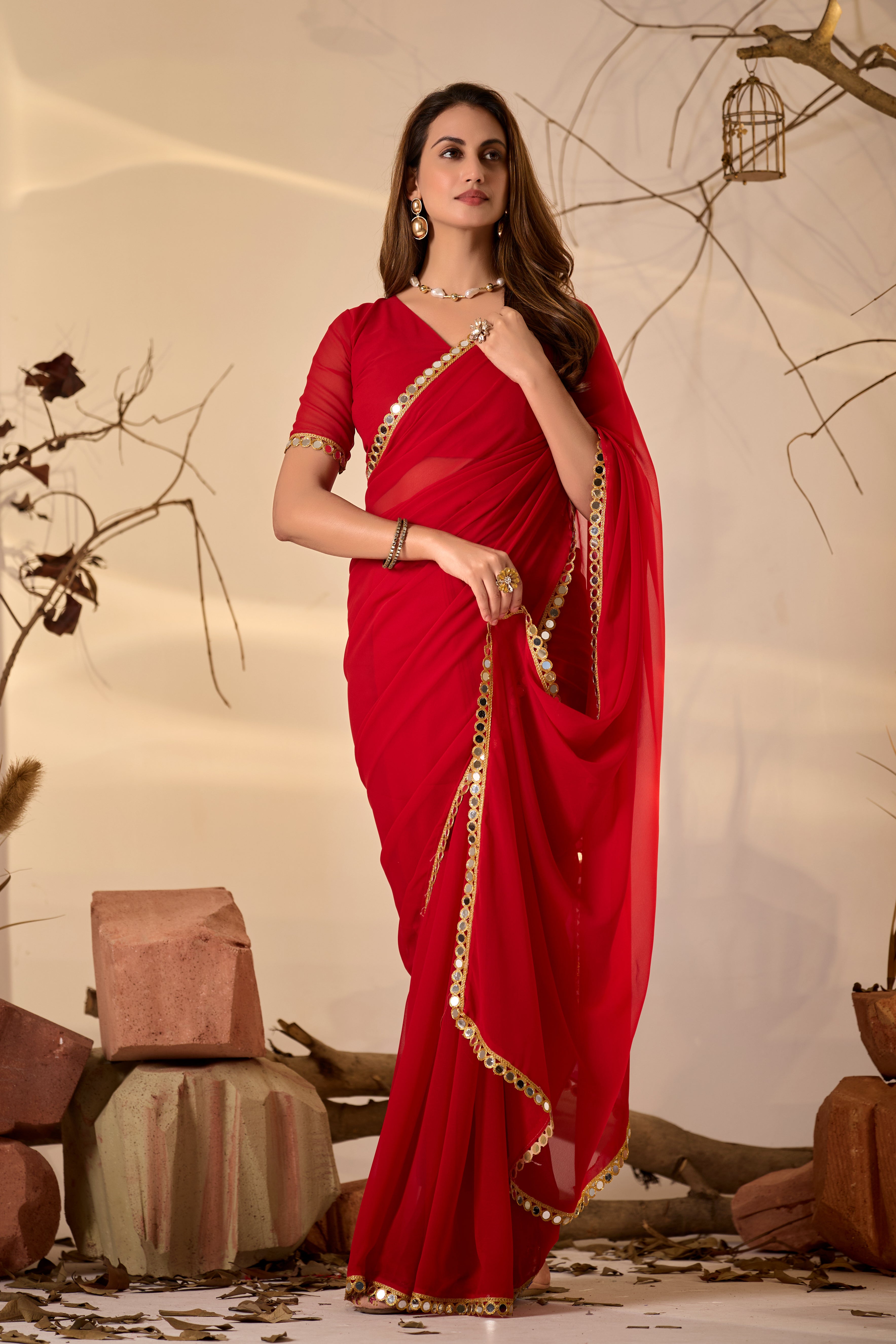 Georgette Saree with Mirror Work Border