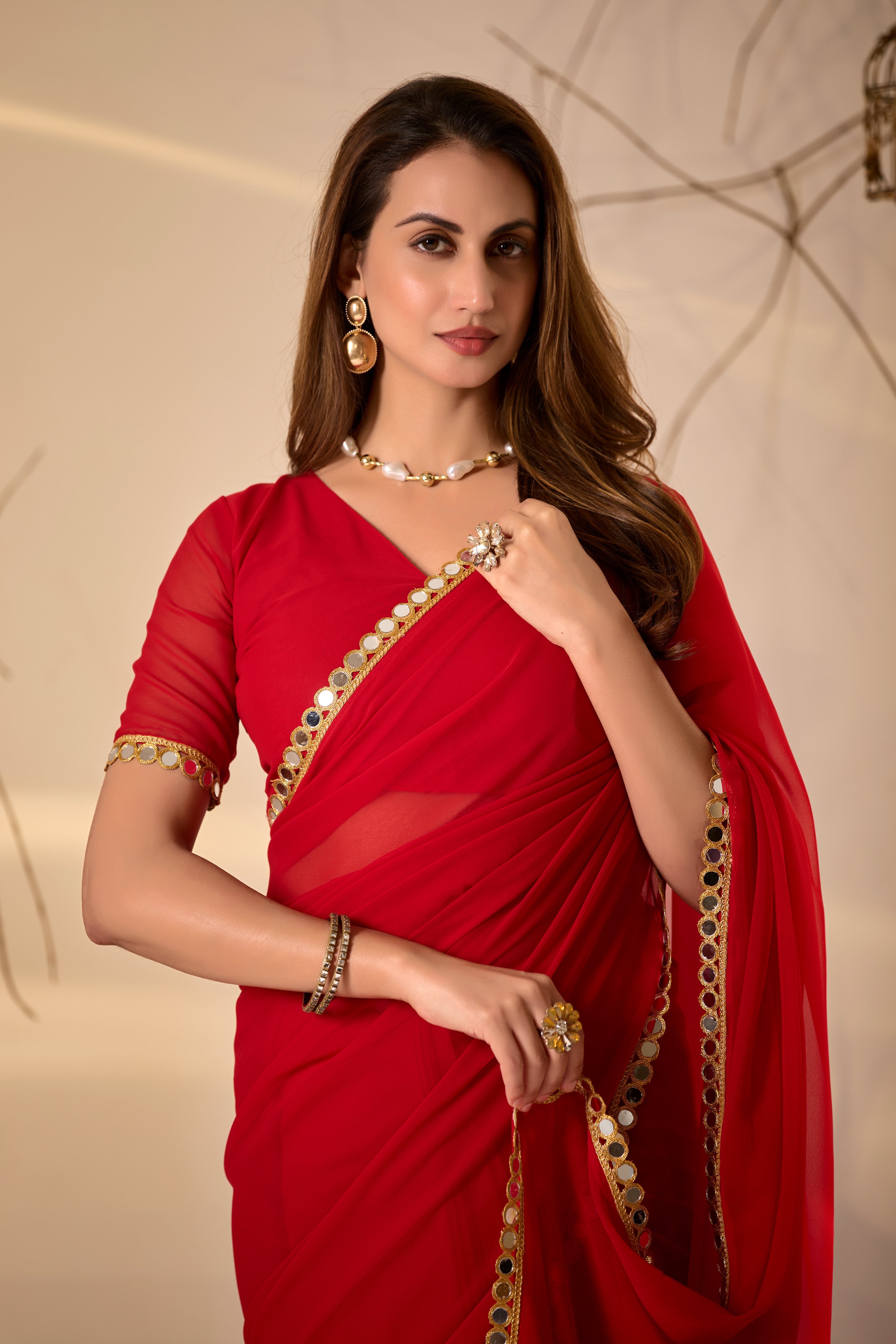 Georgette Saree with Mirror Work Border