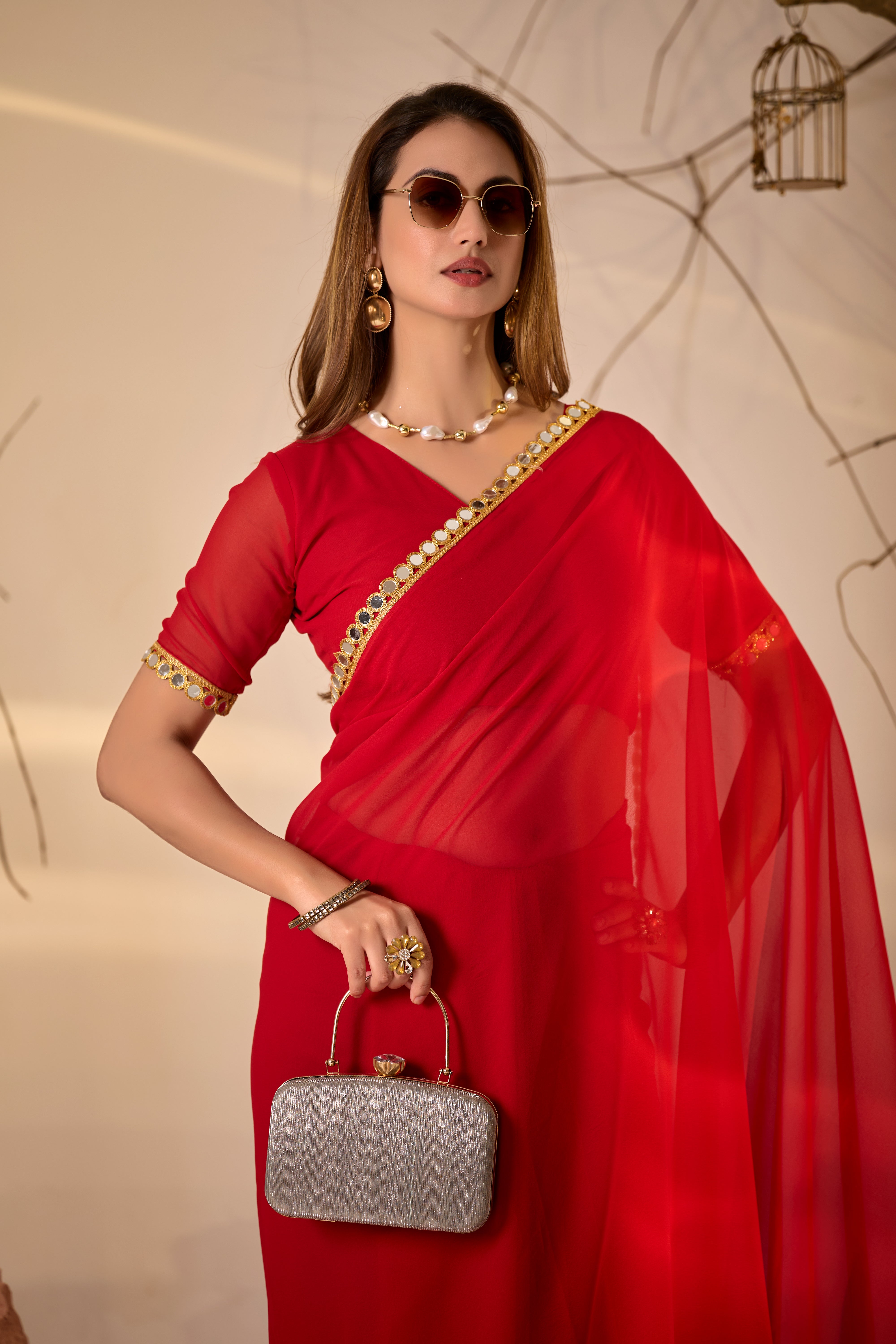 Georgette Saree with Mirror Work Border