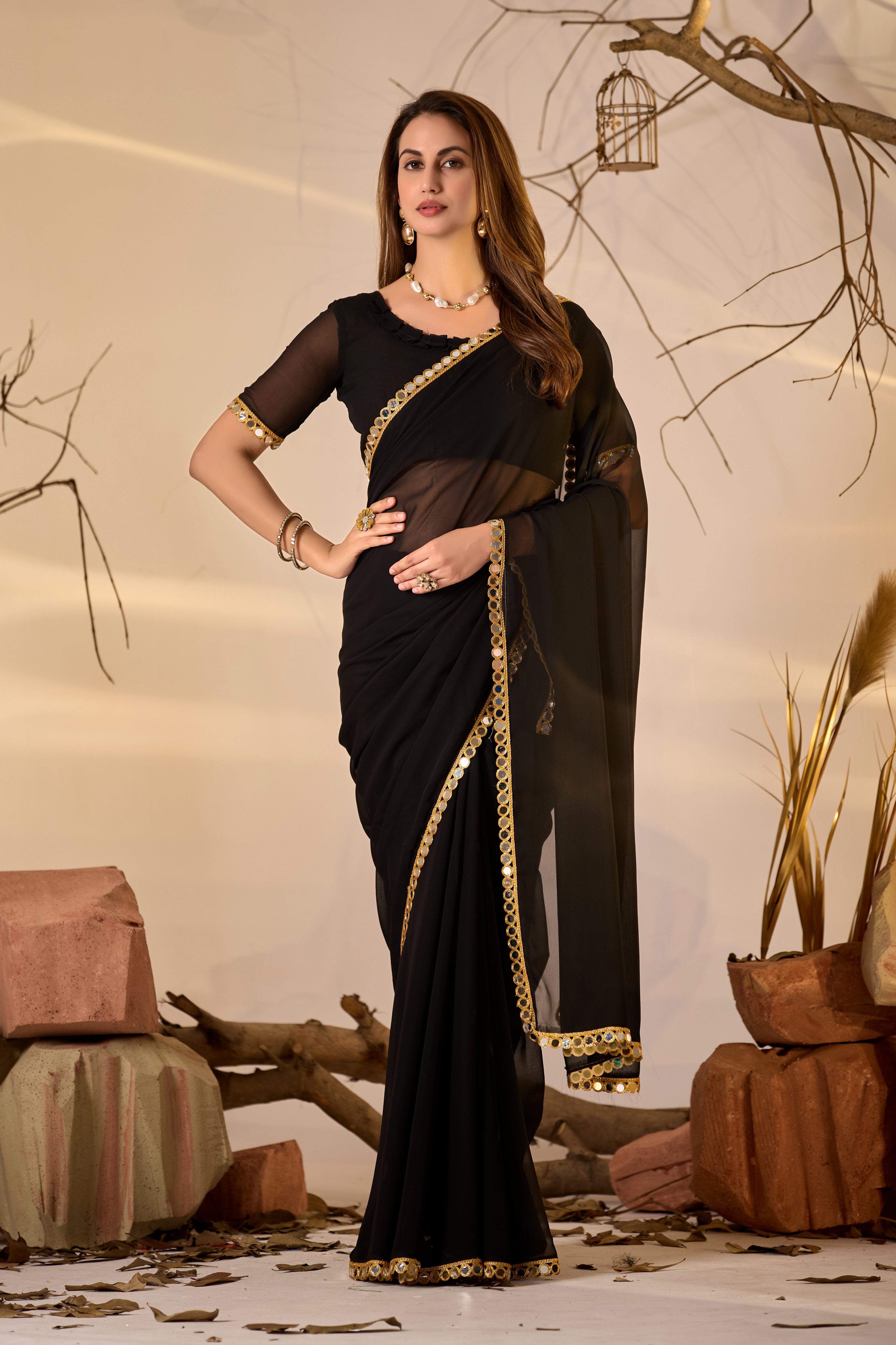 Georgette Saree with Mirror Work Border
