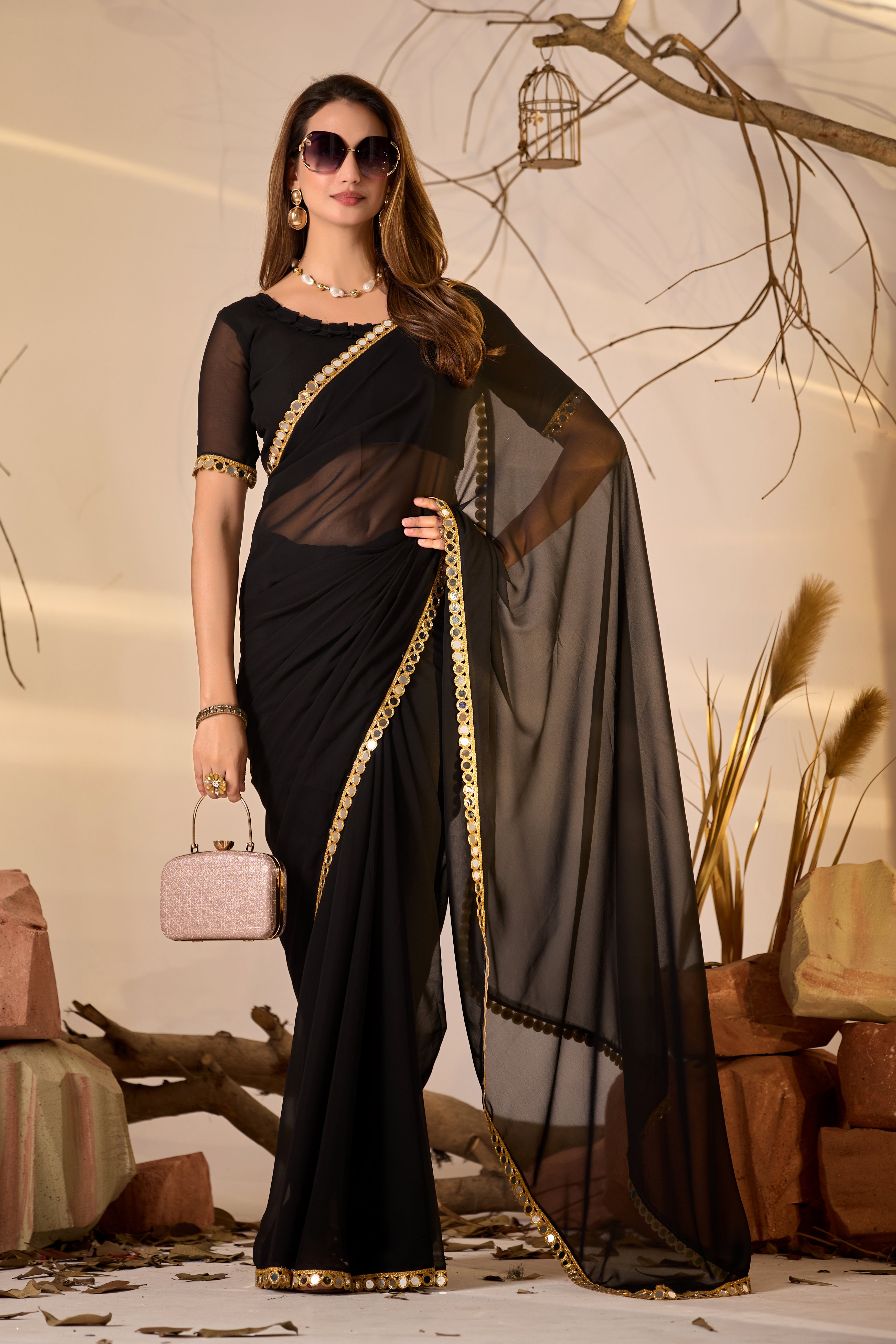 Georgette Saree with Mirror Work Border