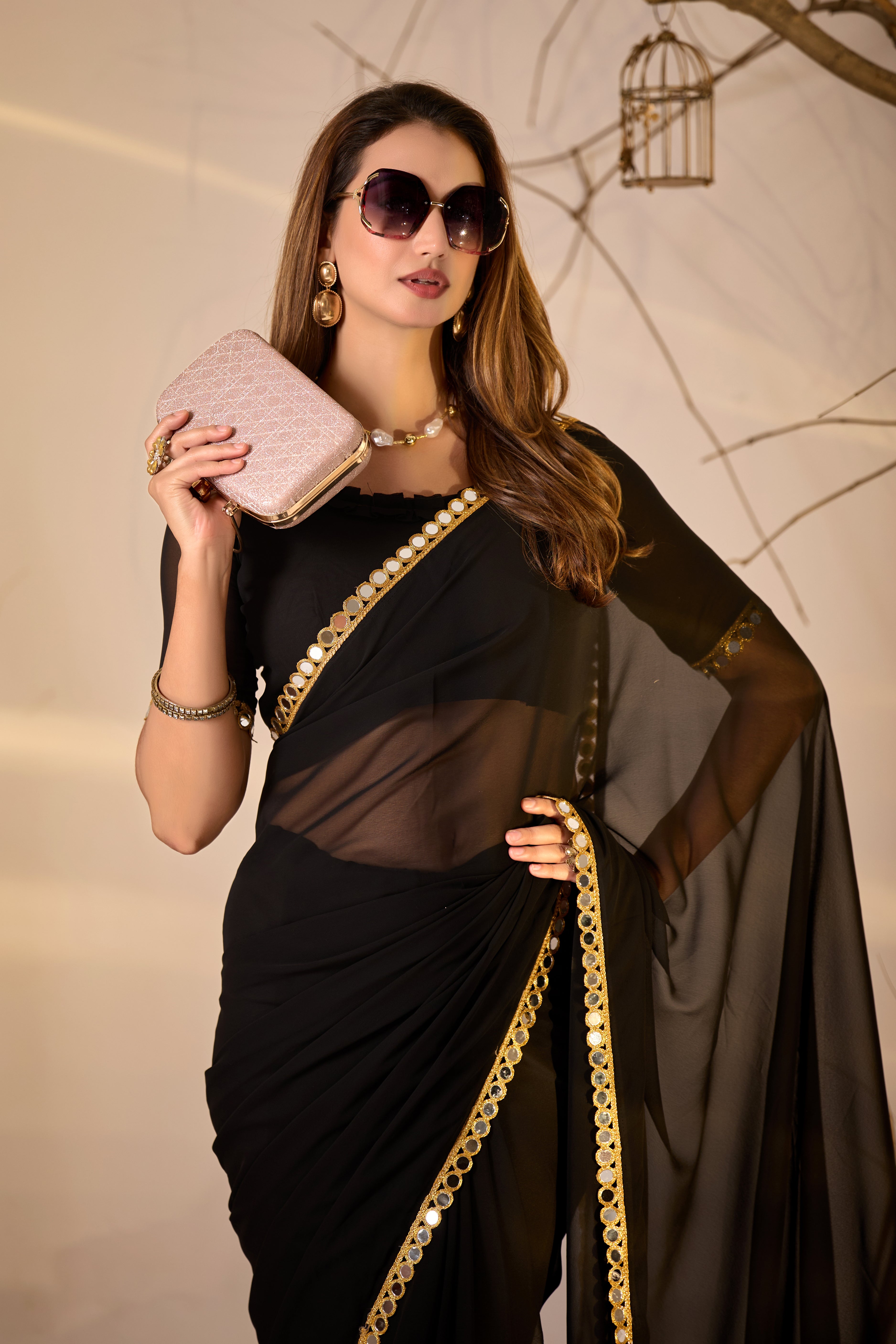 Georgette Saree with Mirror Work Border