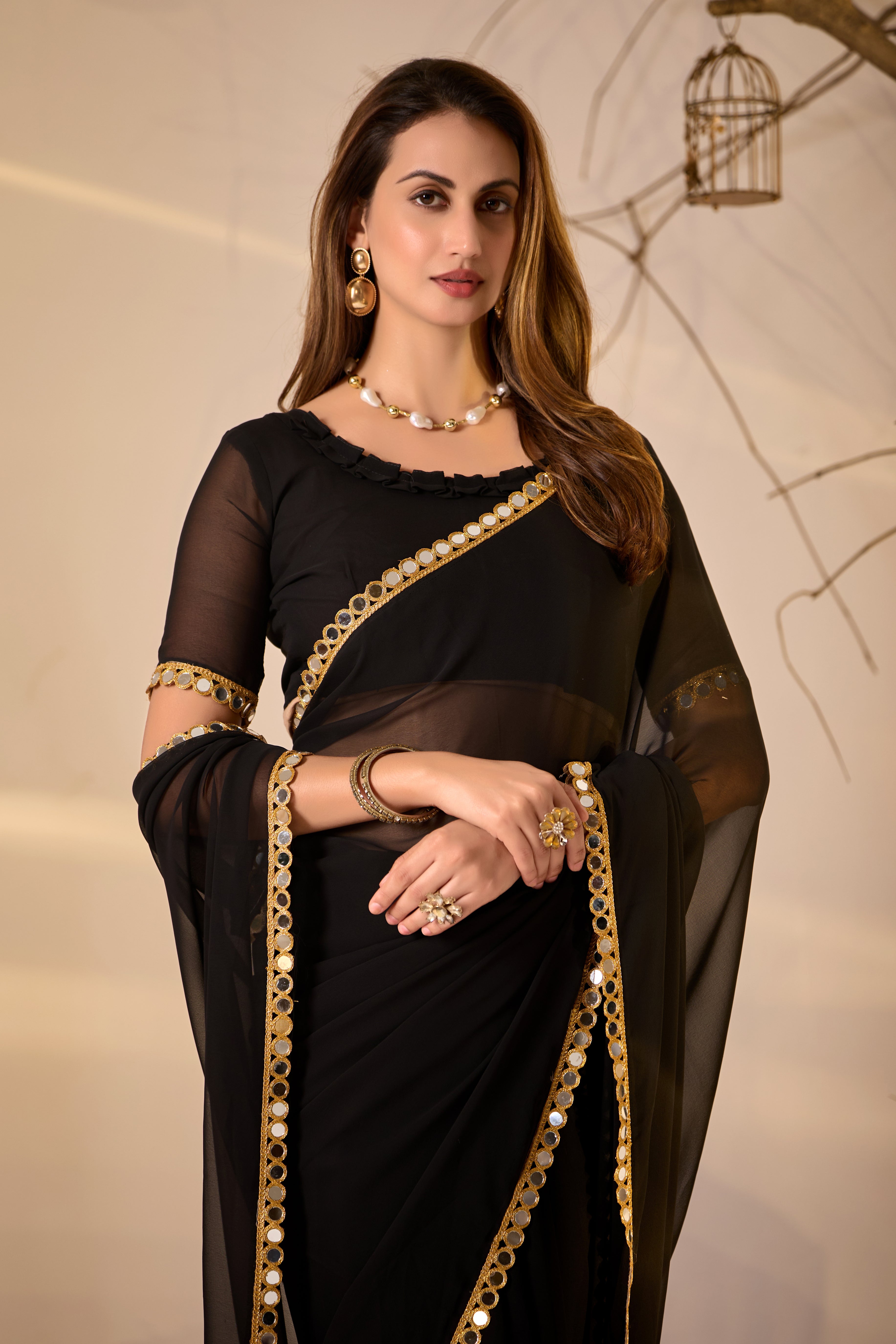 Georgette Saree with Mirror Work Border