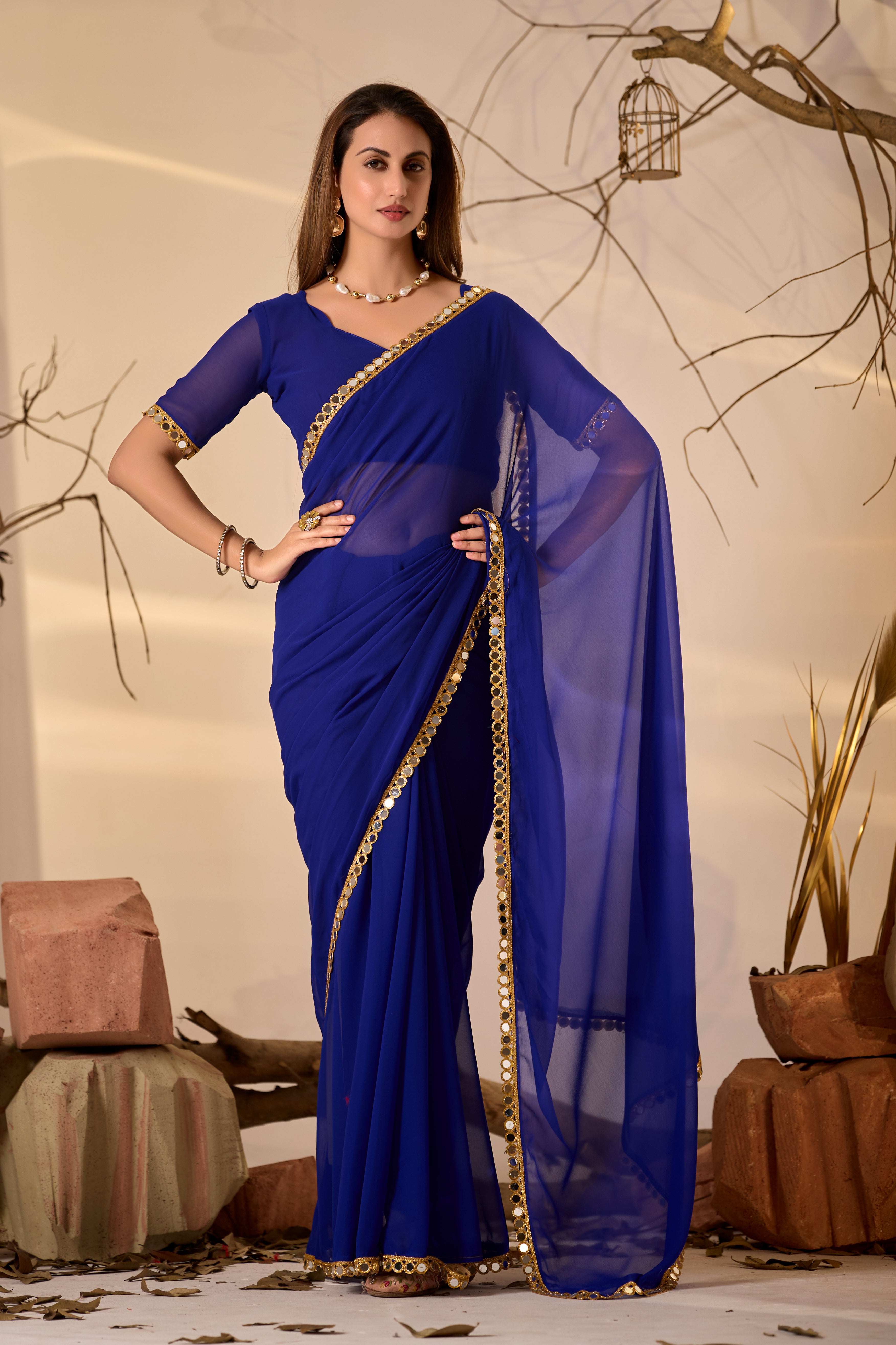 Georgette Saree with Mirror Work Border