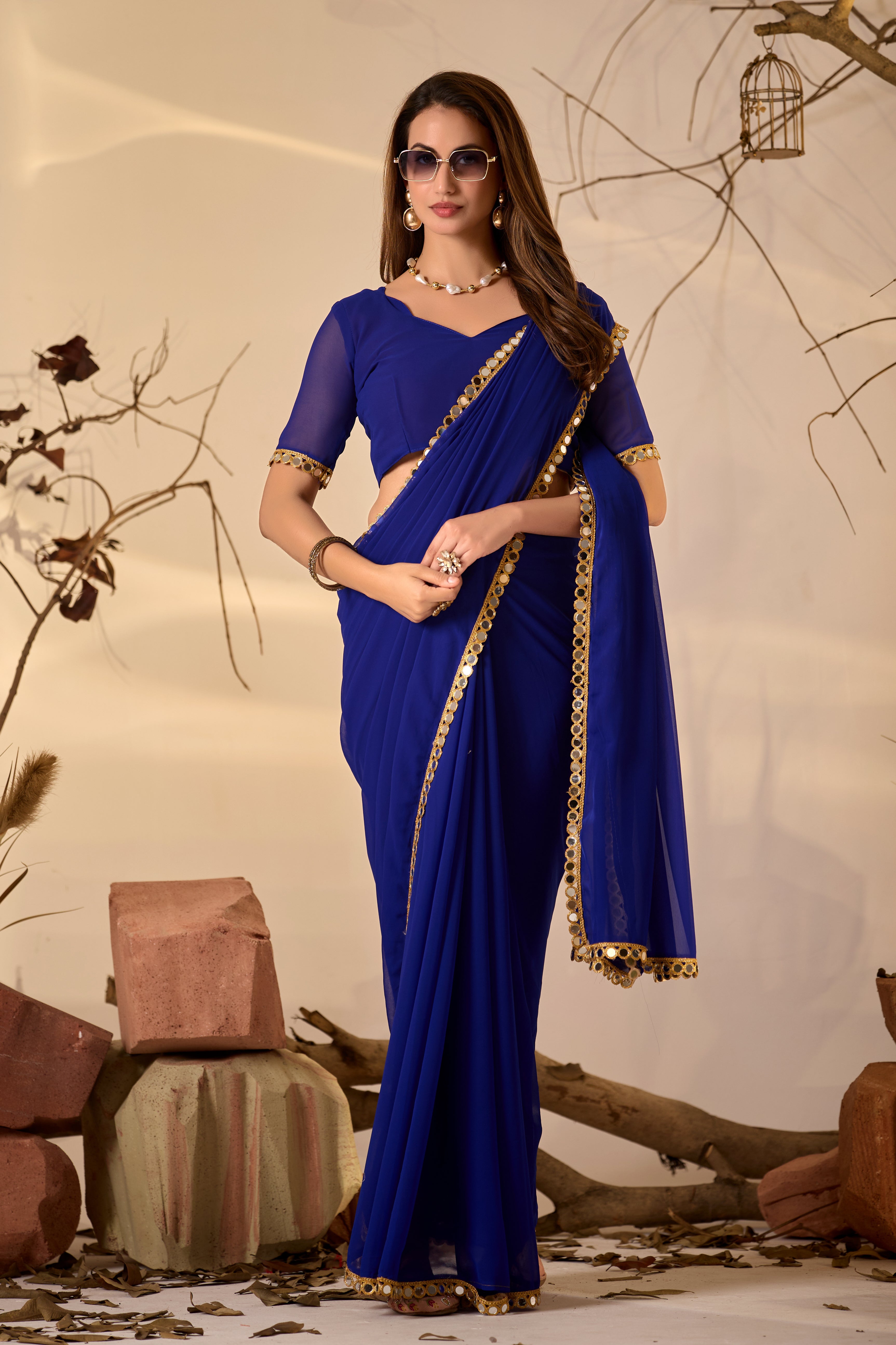 Georgette Saree with Mirror Work Border