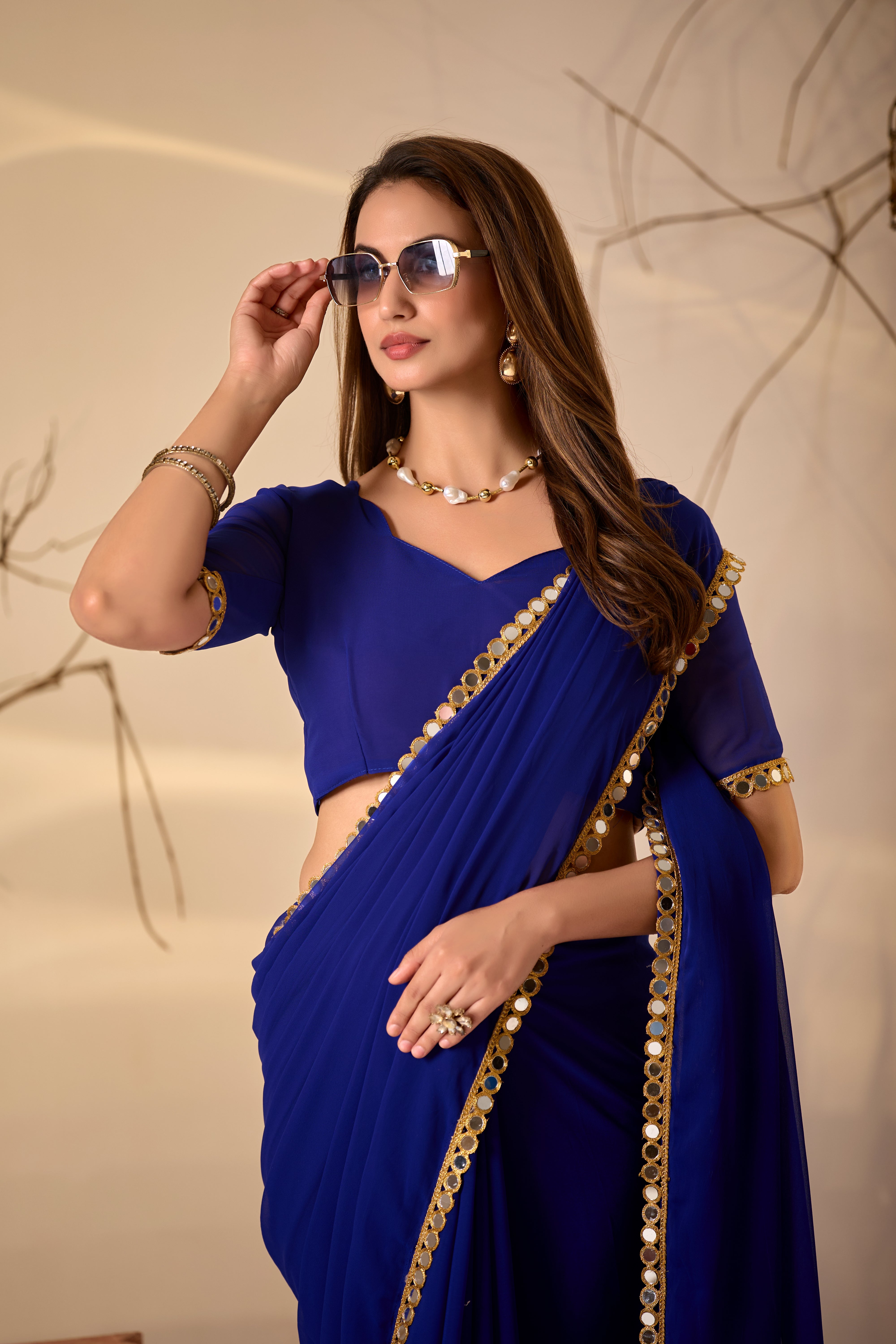 Georgette Saree with Mirror Work Border