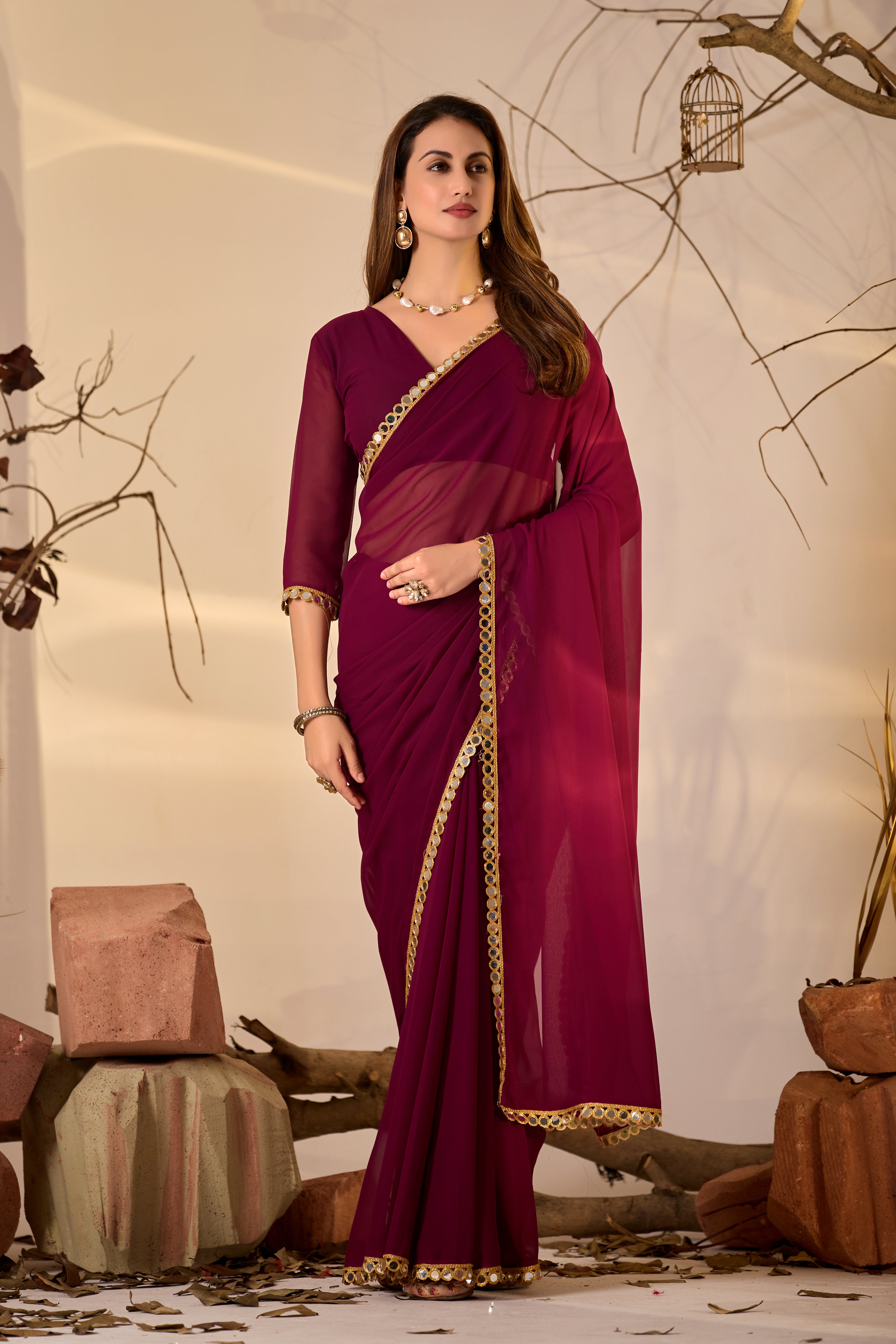 Georgette Saree with Mirror Work Border
