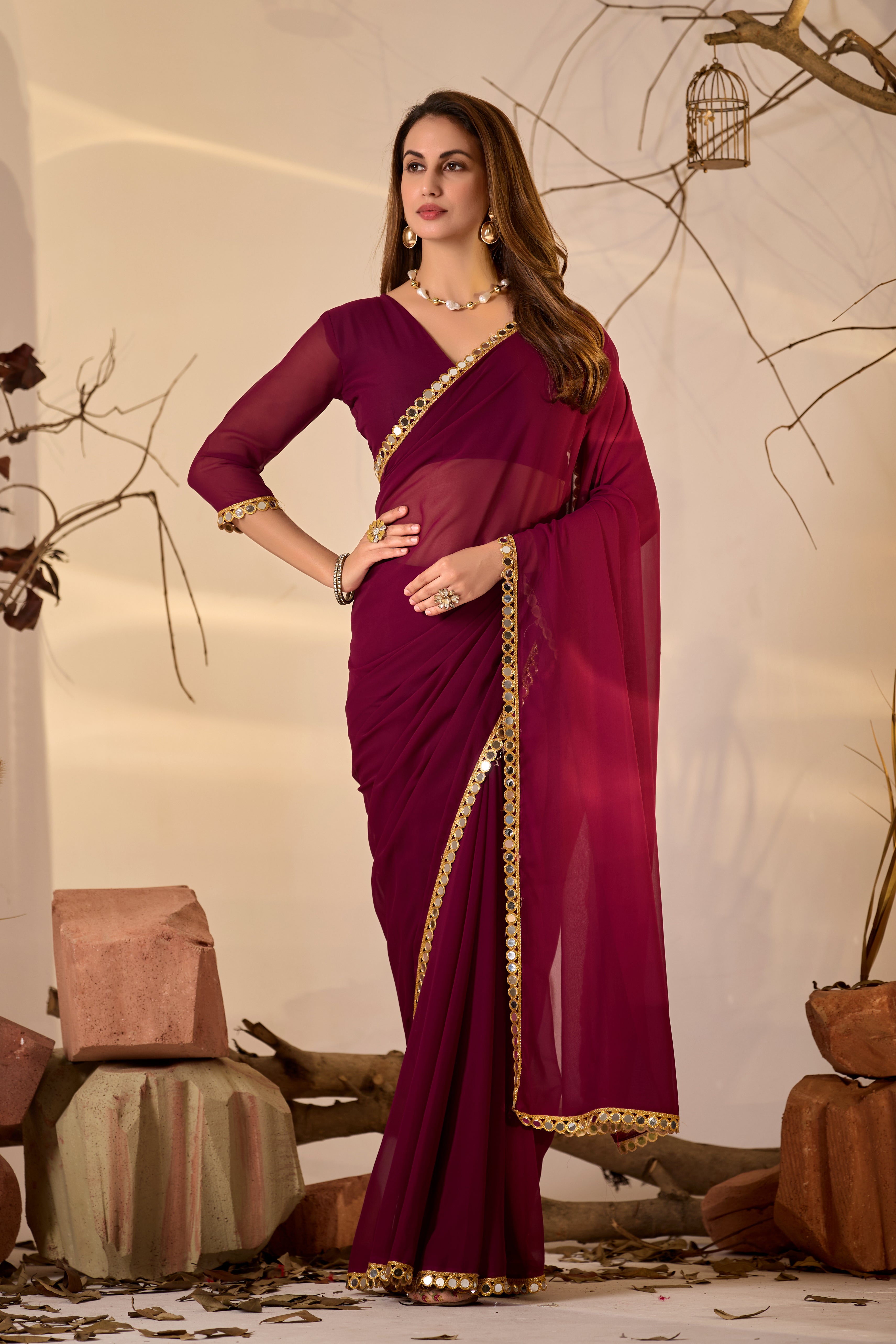 Georgette Saree with Mirror Work Border
