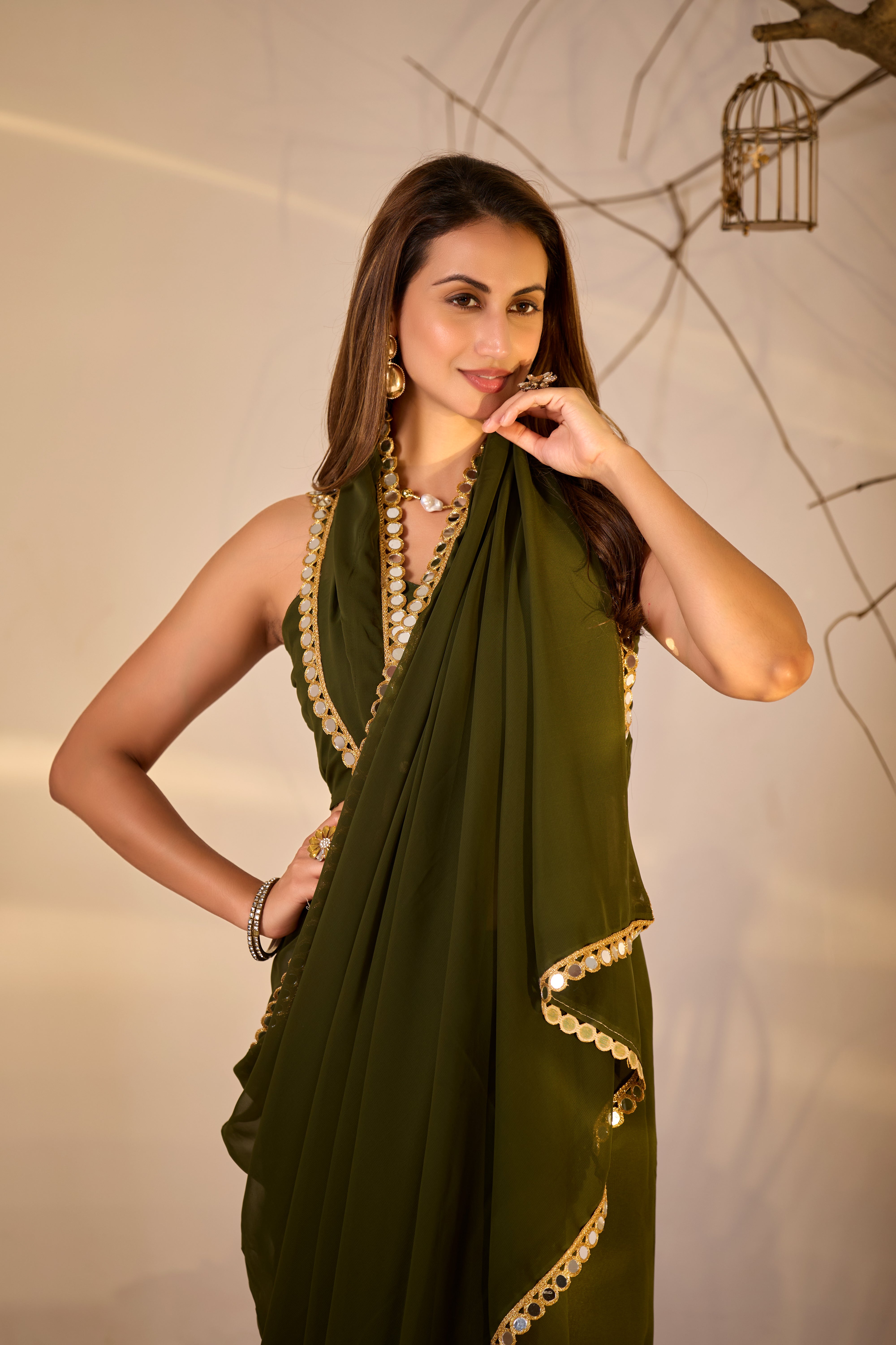 Georgette Saree with Mirror Work Border