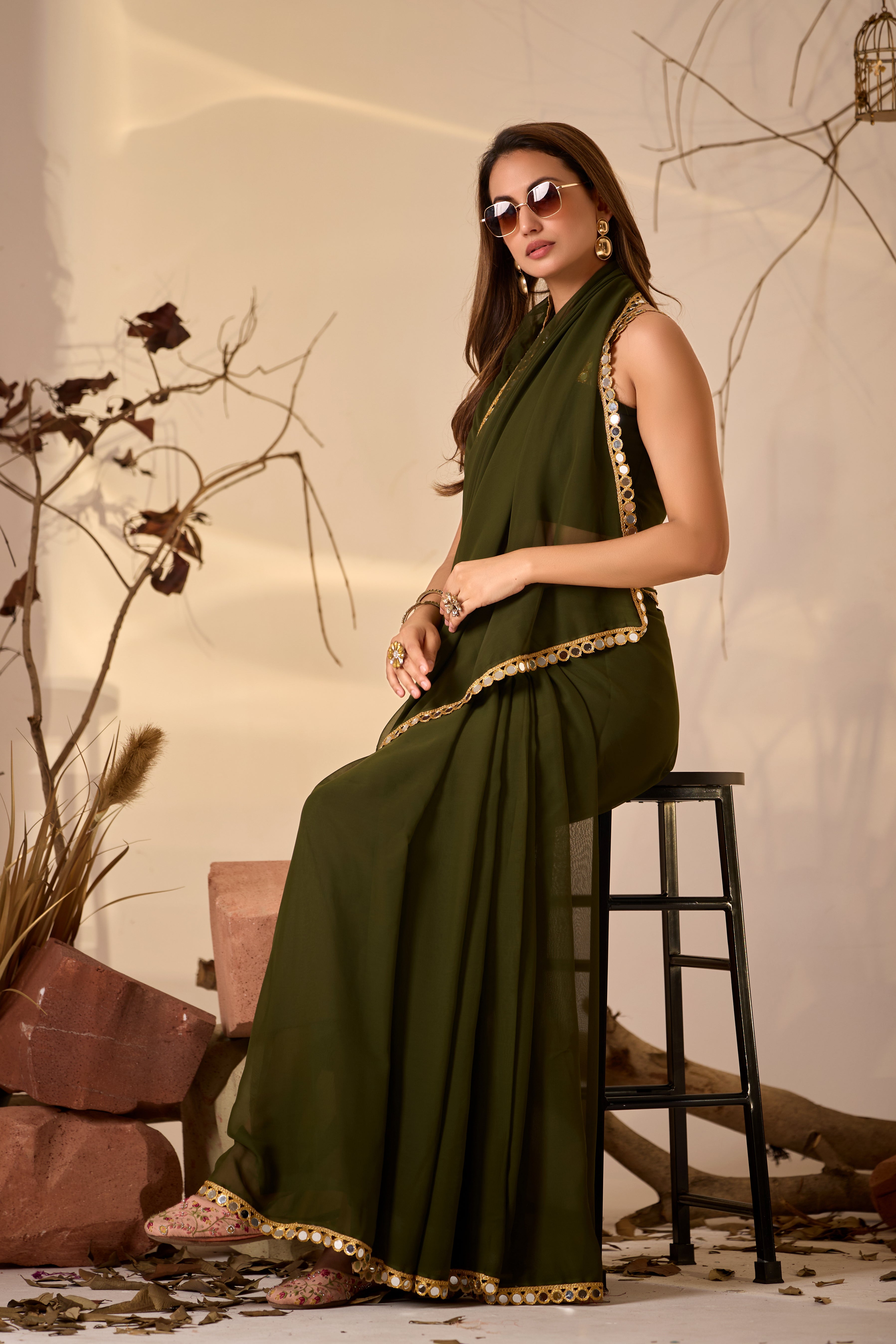 Georgette Saree with Mirror Work Border