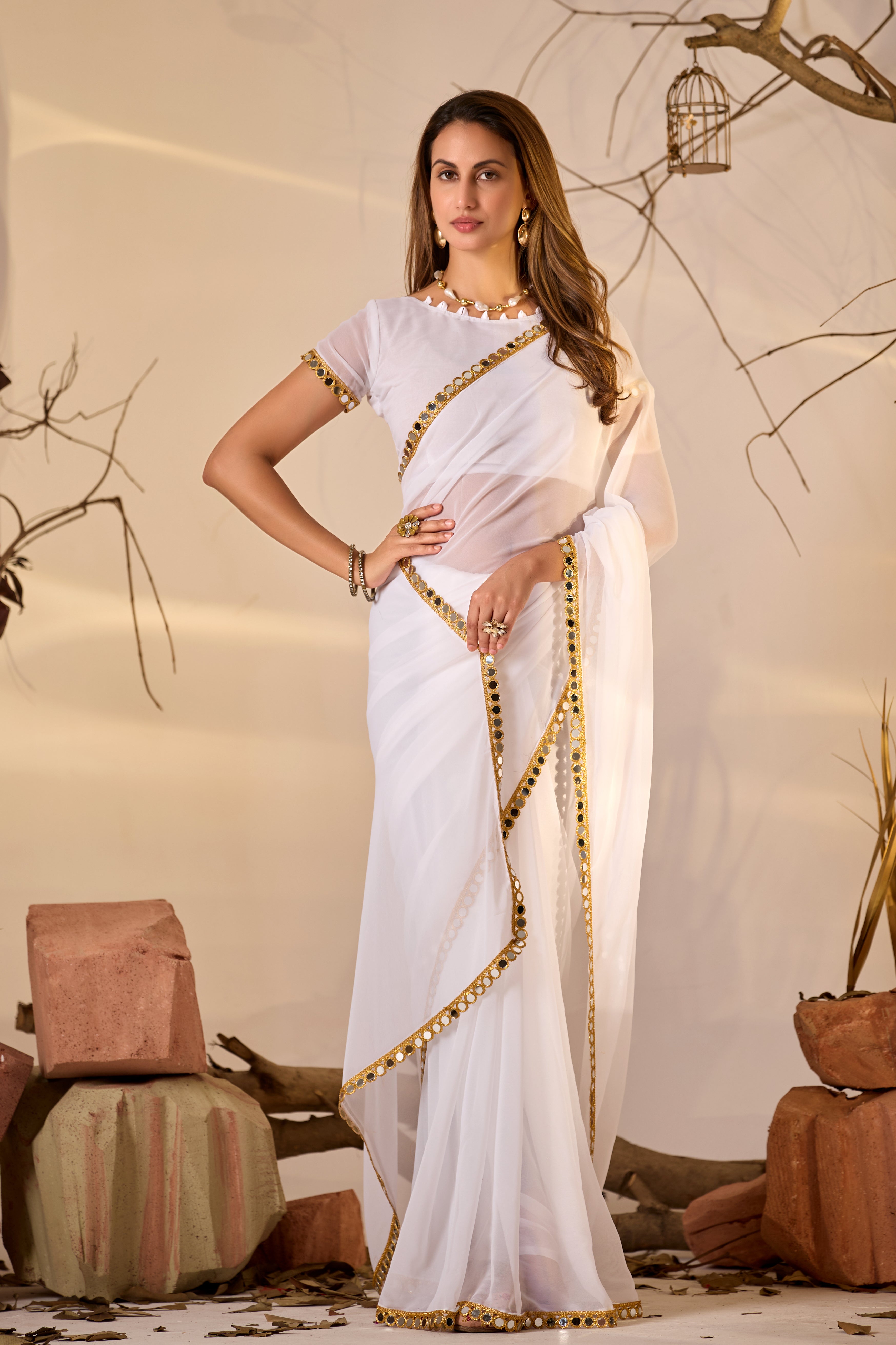 Georgette Saree with Mirror Work Border