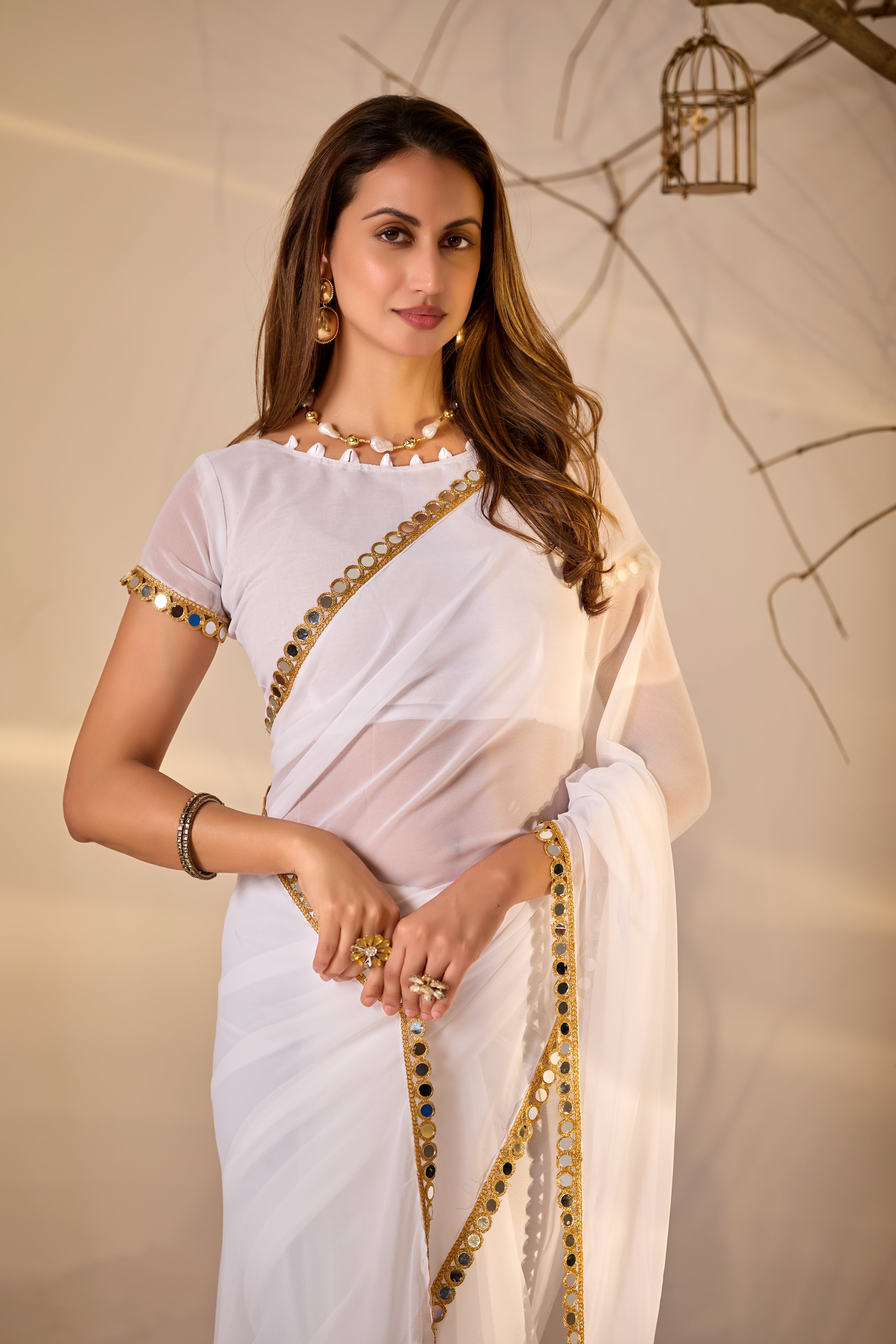 Georgette Saree with Mirror Work Border