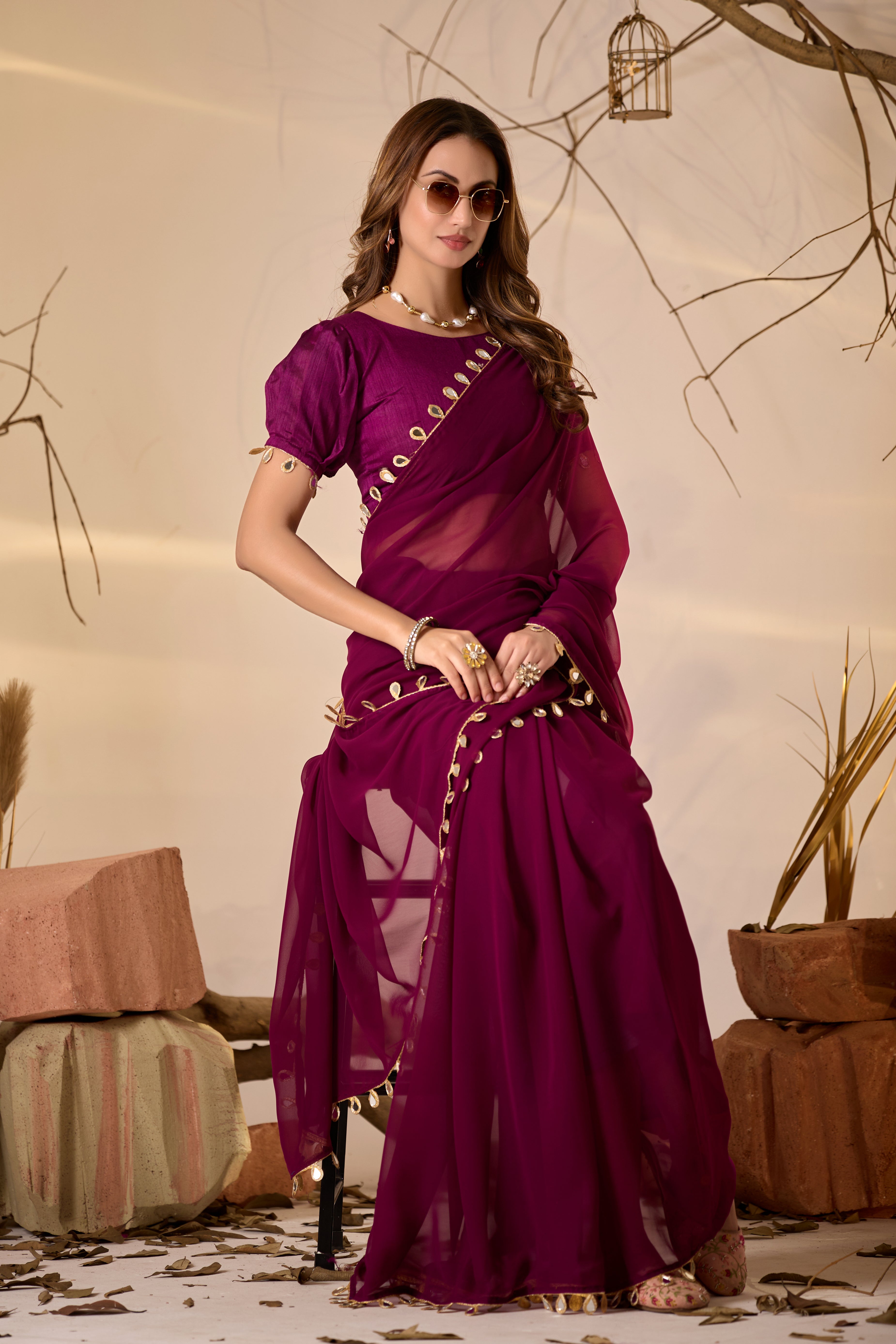 Georgette Saree with Teardrop Golden Border