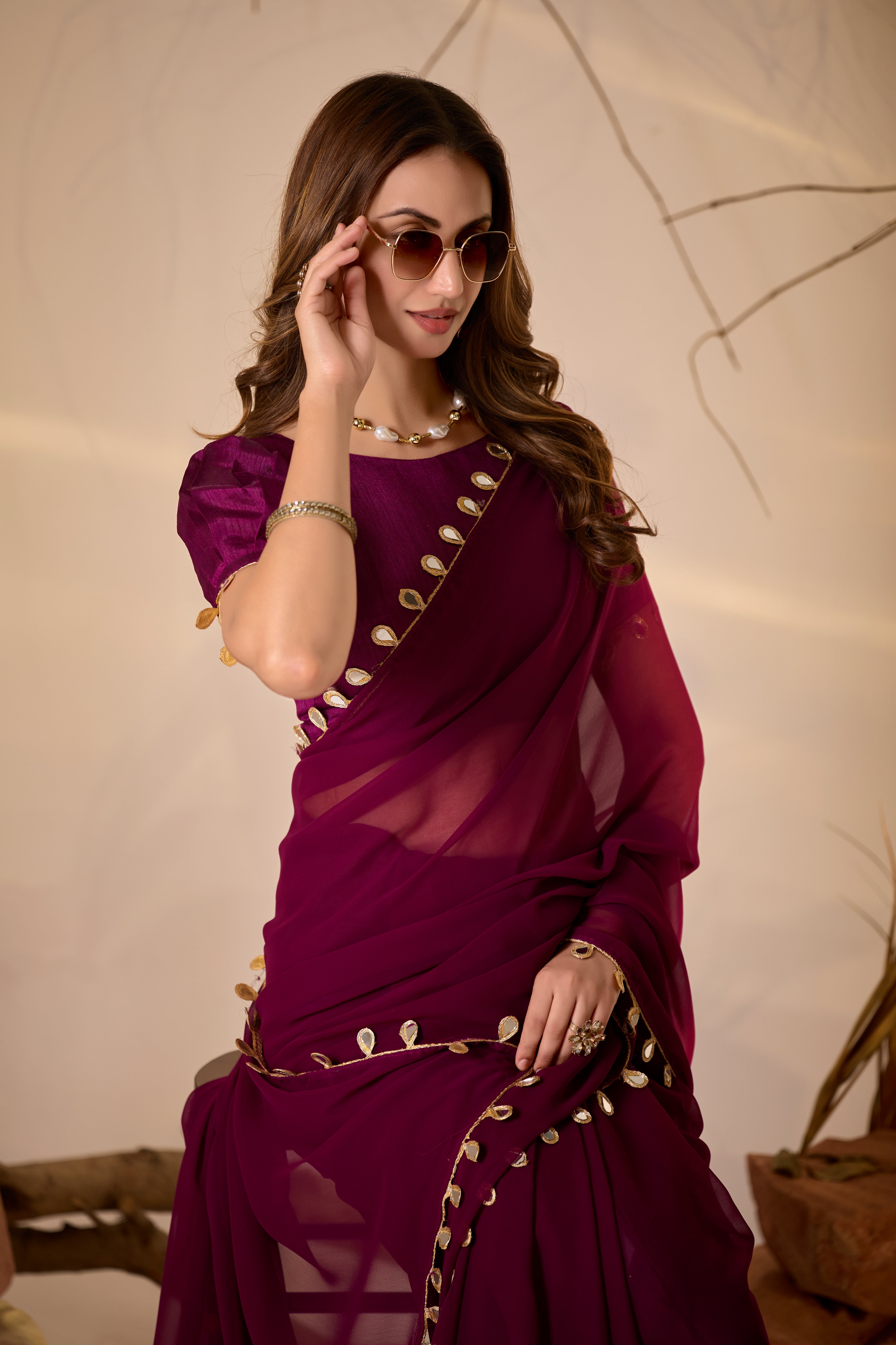 Georgette Saree with Teardrop Golden Border