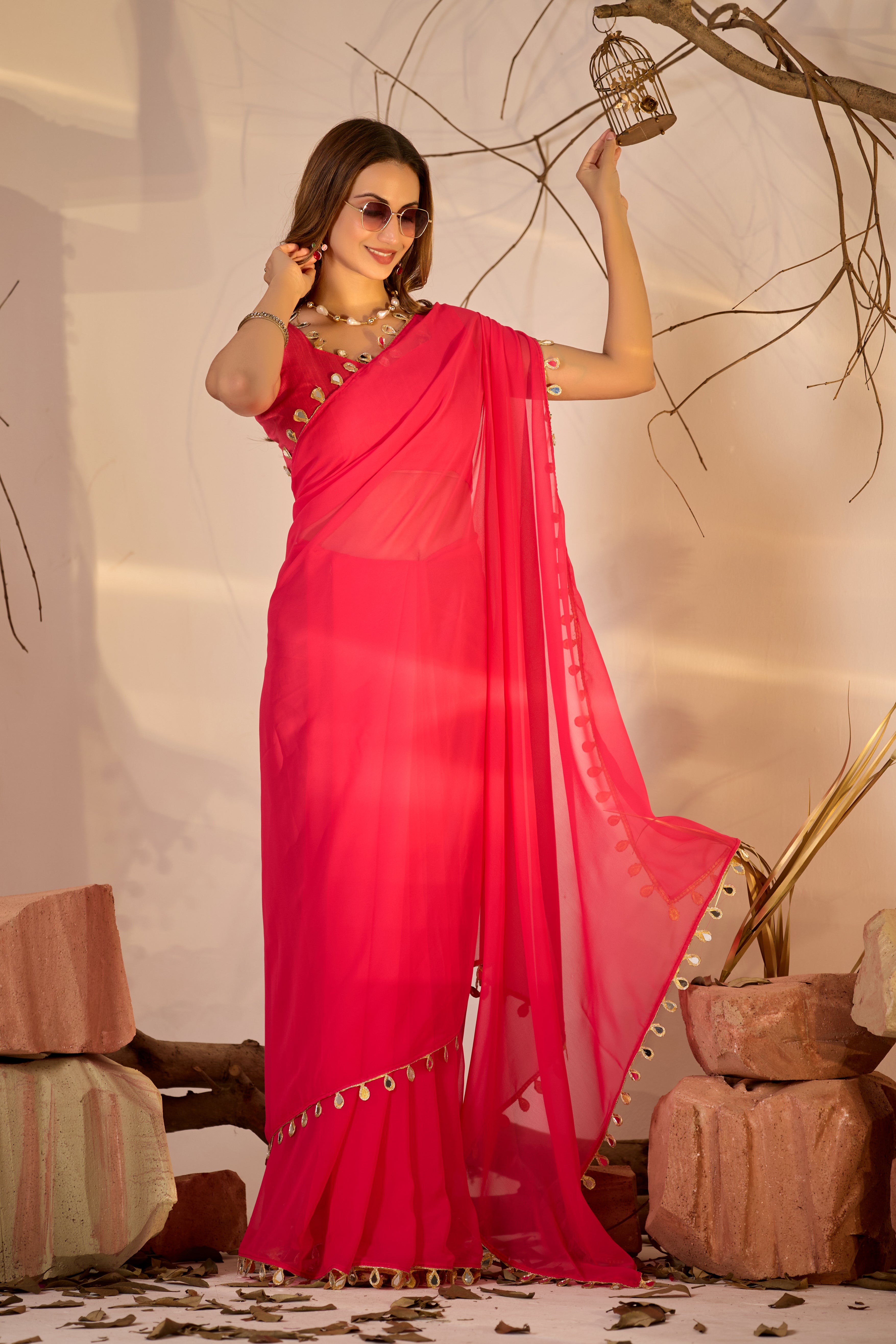 Georgette Saree with Teardrop Golden Border
