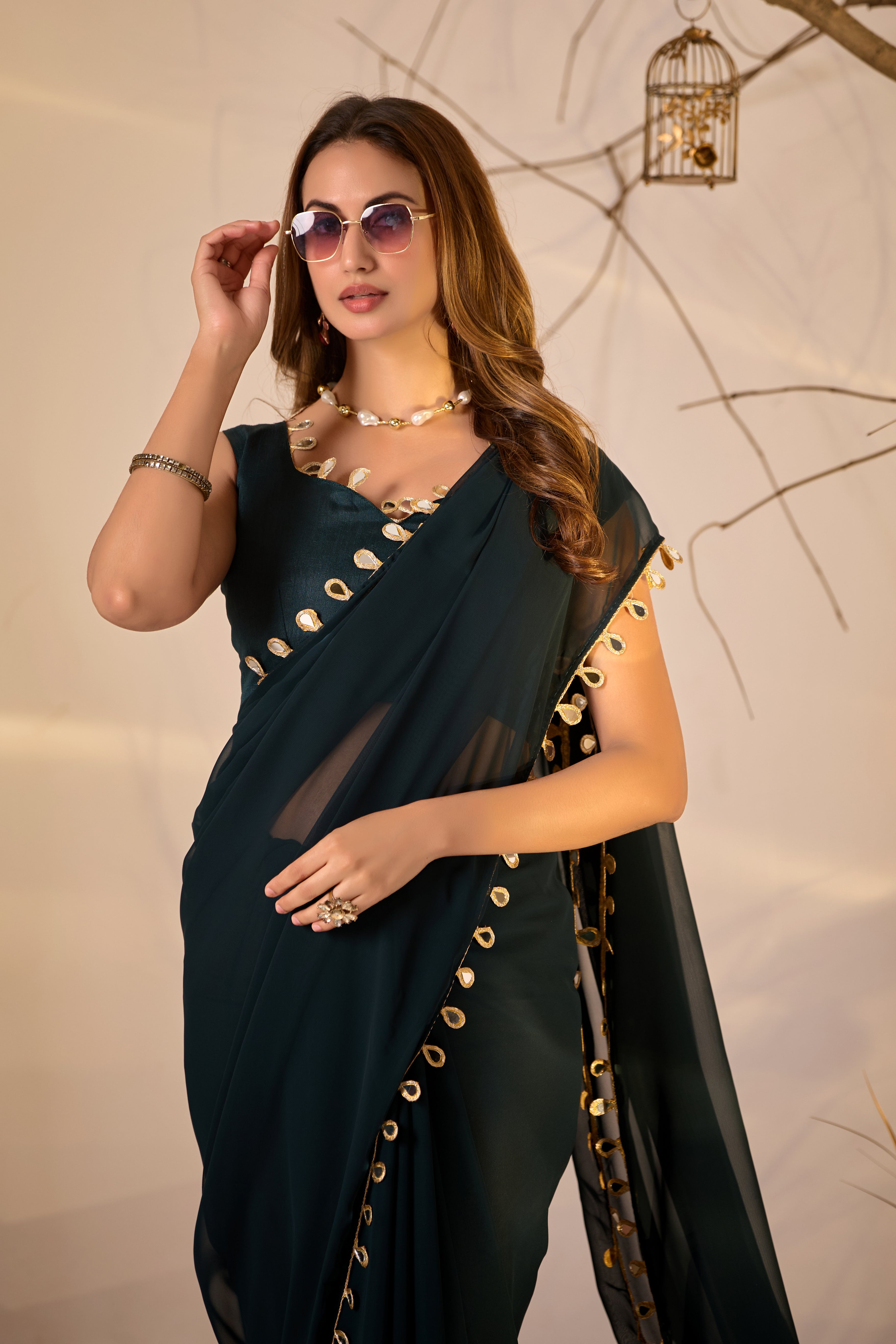 Georgette Saree with Teardrop Golden Border